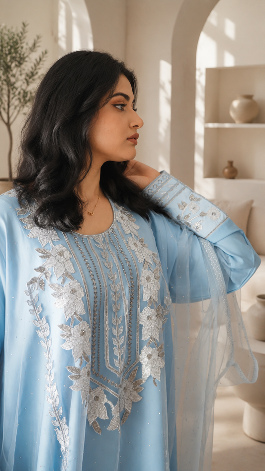Azure Bloom Light Blue Embroidered Kaftan Dress with Net Sleeves