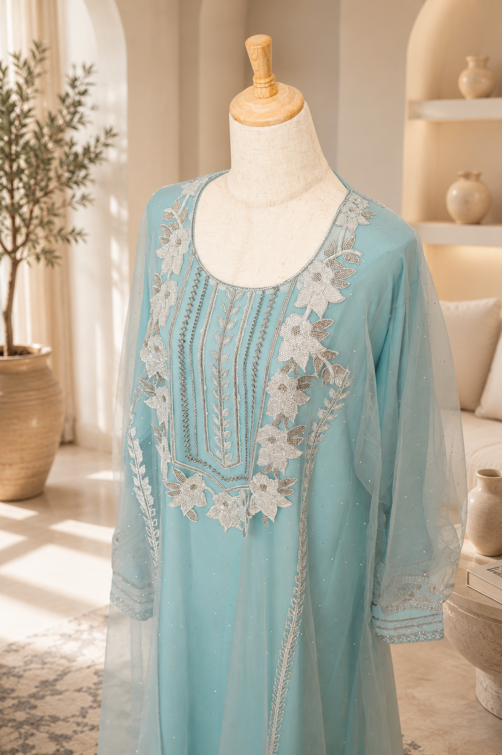Azure Bloom Light Blue Embroidered Kaftan Dress with Net Sleeves