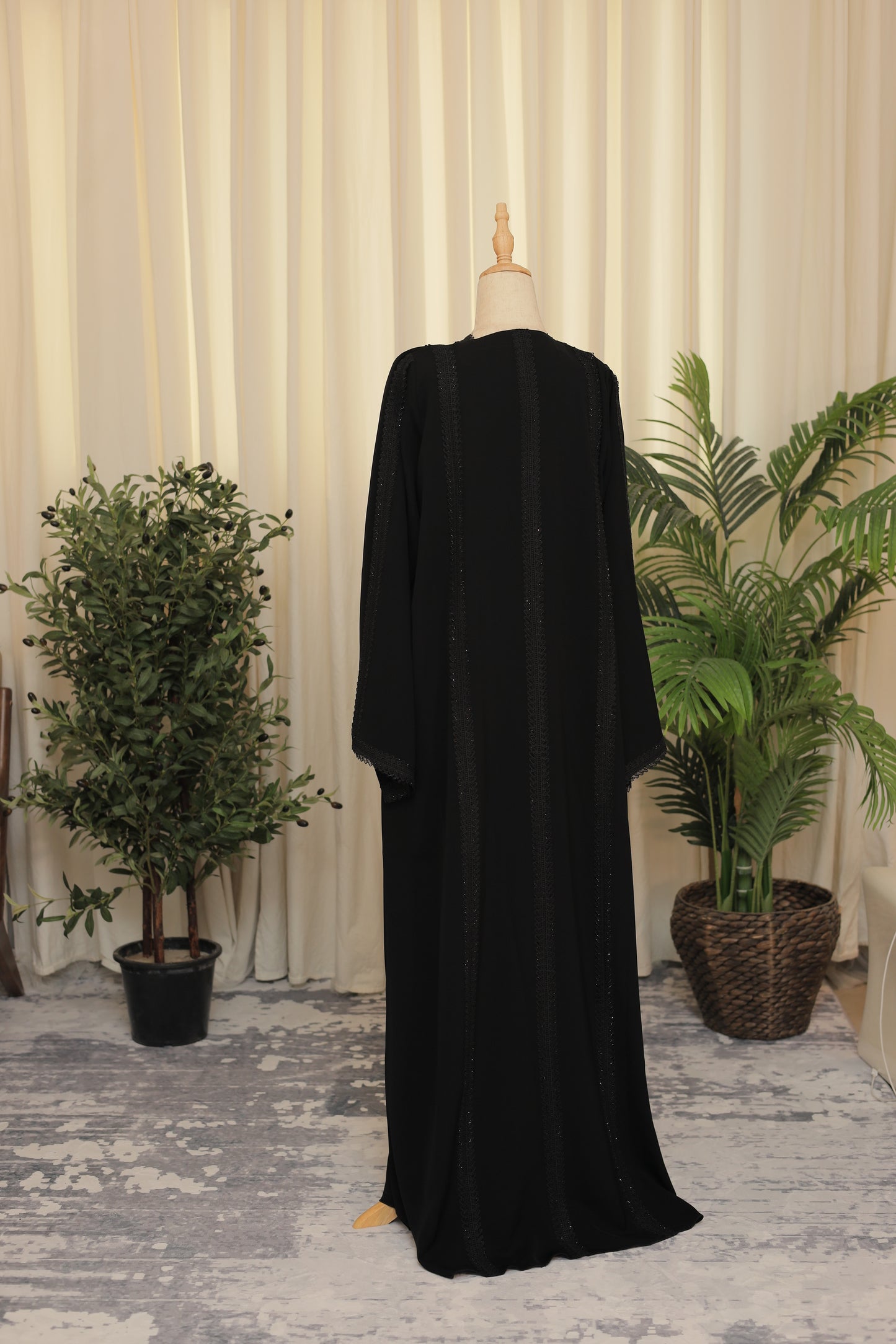 Elegant Black Abaya with Delicate Lace V-Neck Detailing