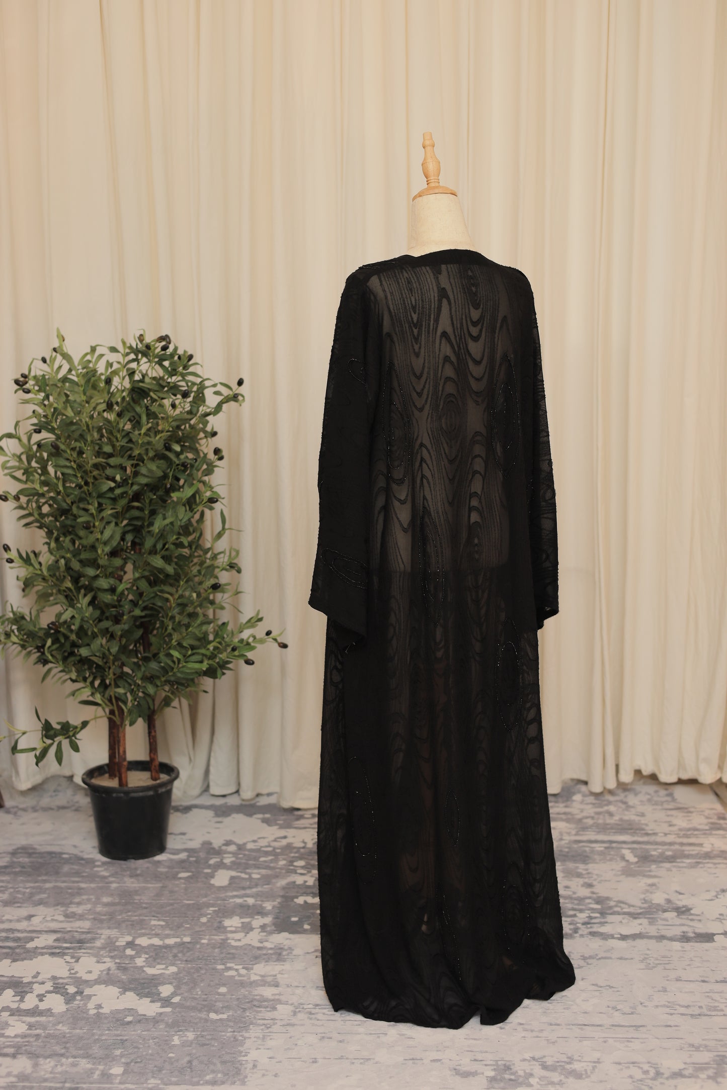 Elegant Black Abaya with Floral Lace Panels & Bell Sleeves