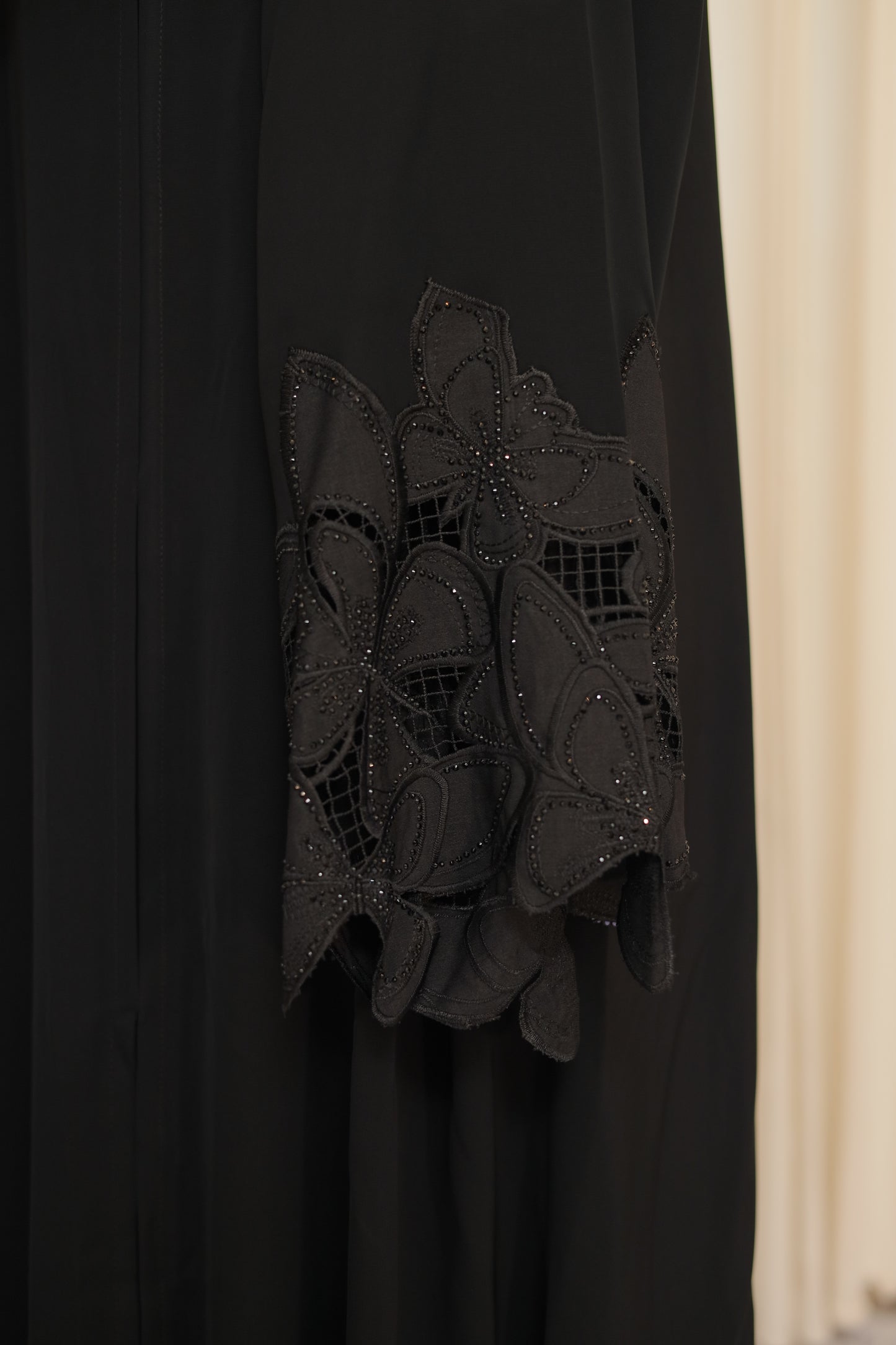 Elegant Black Abaya with Floral Appliqué & Hand-Beaded Details