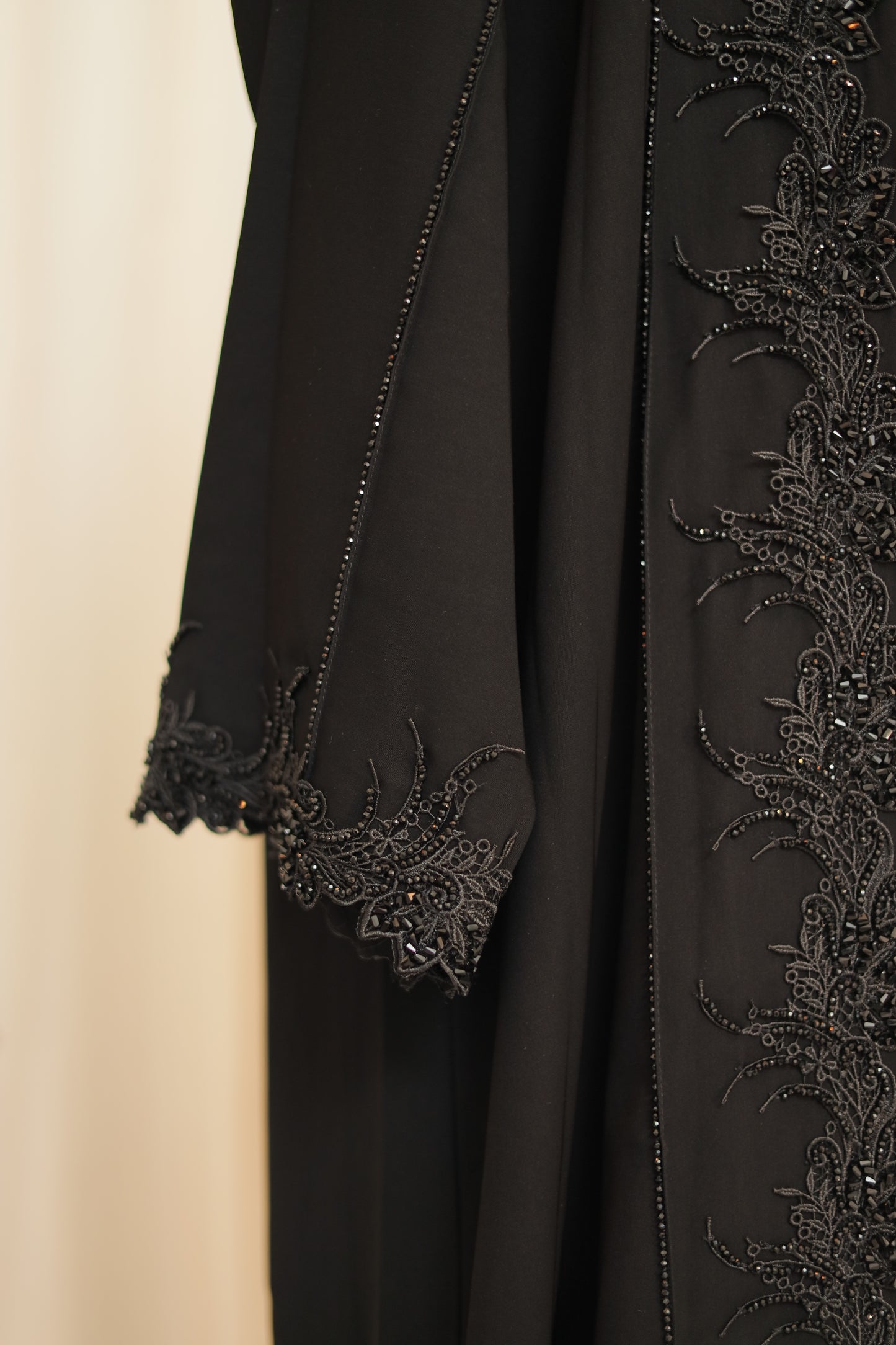 Elegant Black Lace Embellished Open Abaya for Women