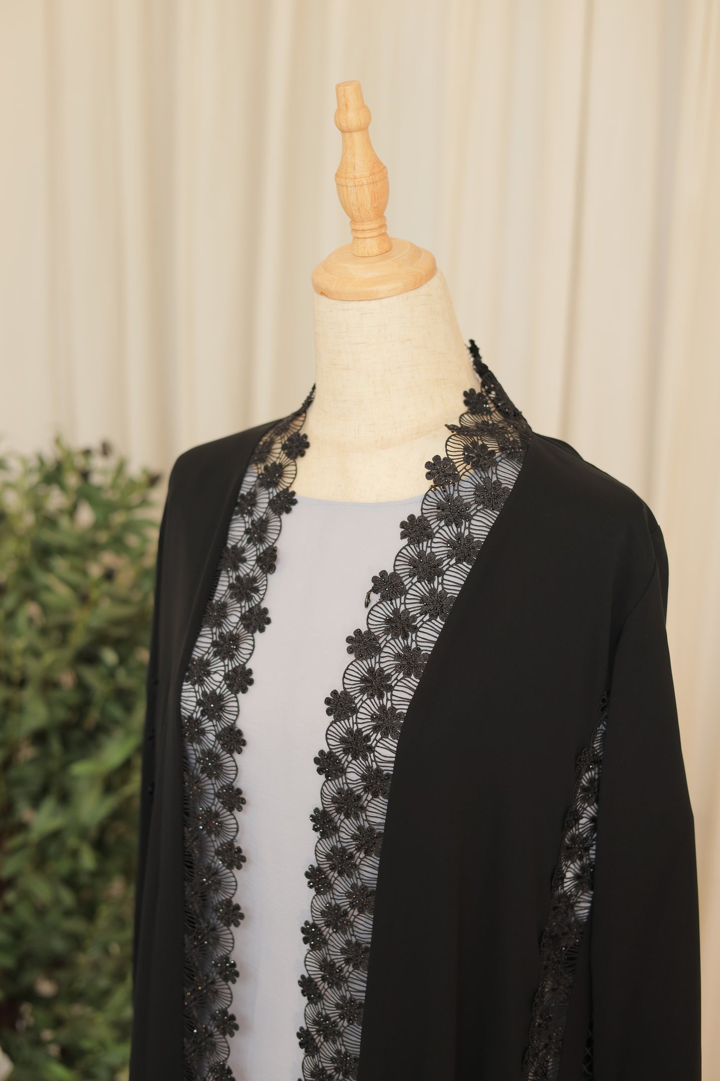 Elegant Black Open Abaya with Handcrafted Bead & Lace Detailing