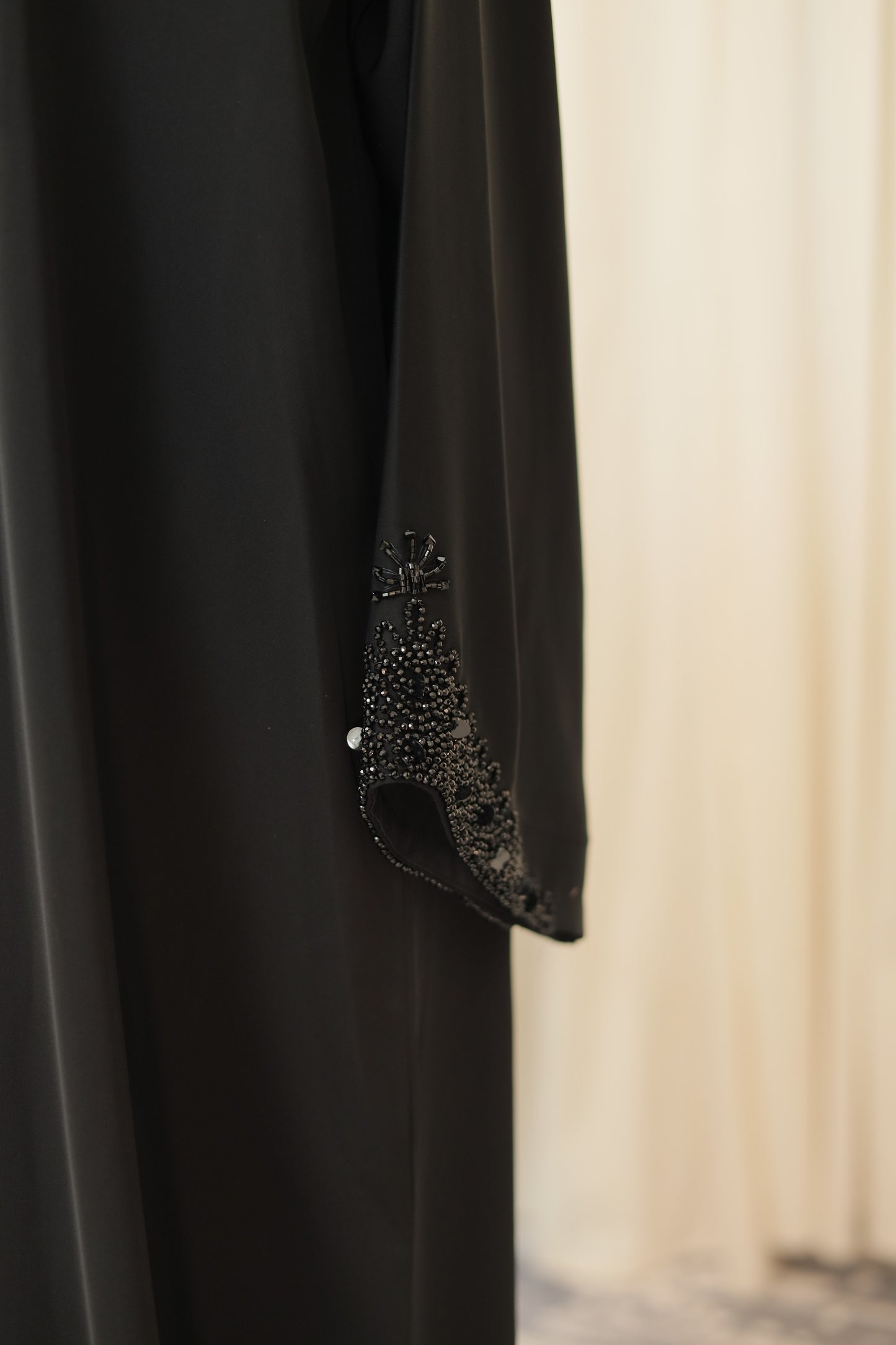 Luxury Black Open Abaya with Asymmetrical Hand-Beaded Detail