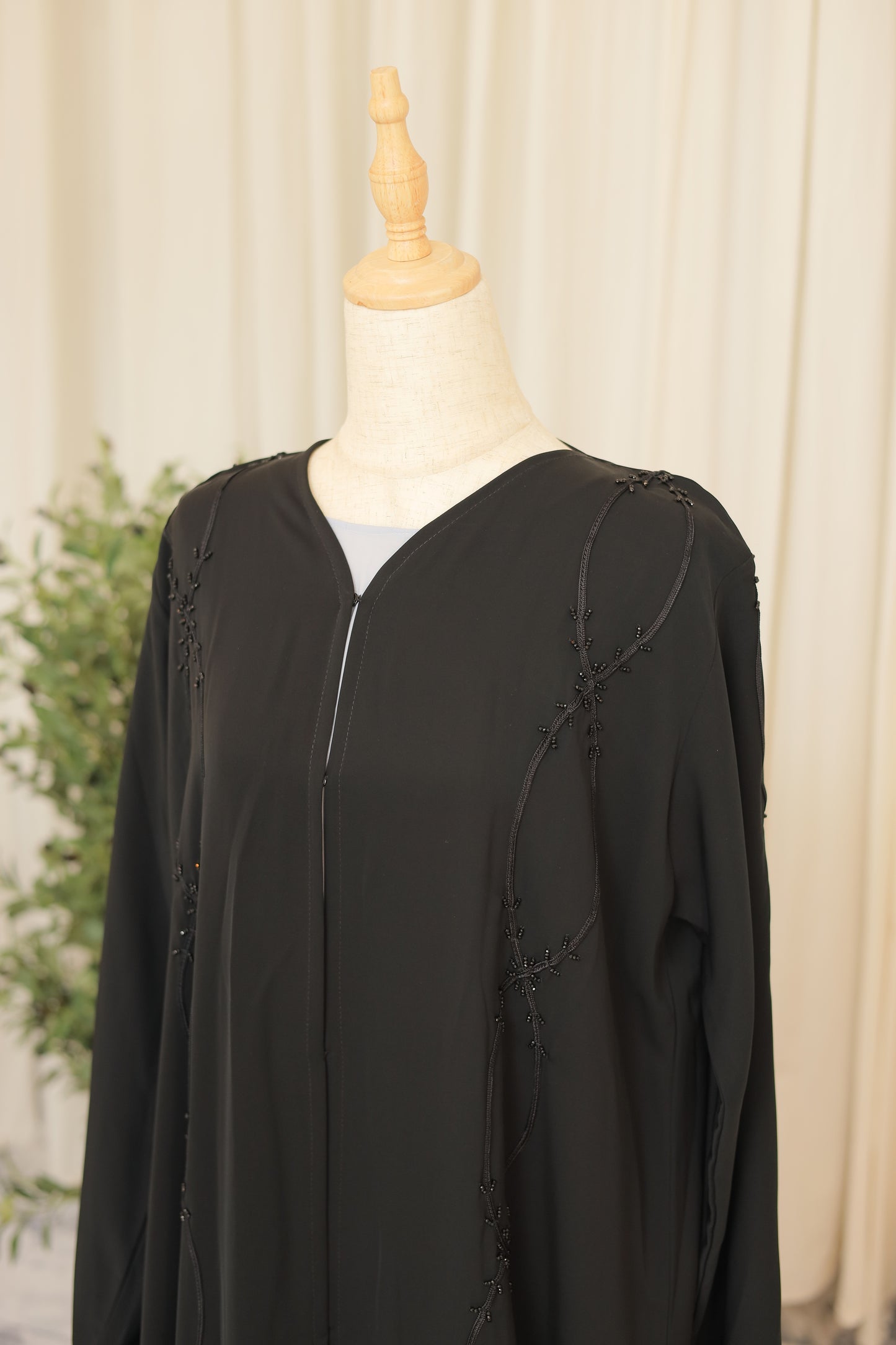Black Beaded Minimalist Abaya with Vertical Embroidery