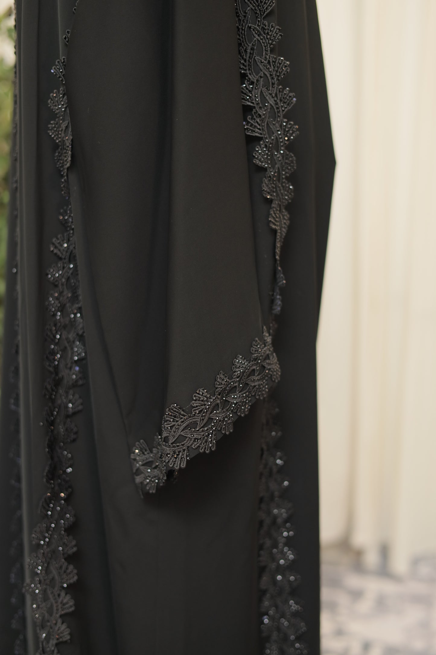 Luxury Black Open Abaya with Heavily Embroidered Lace Panels