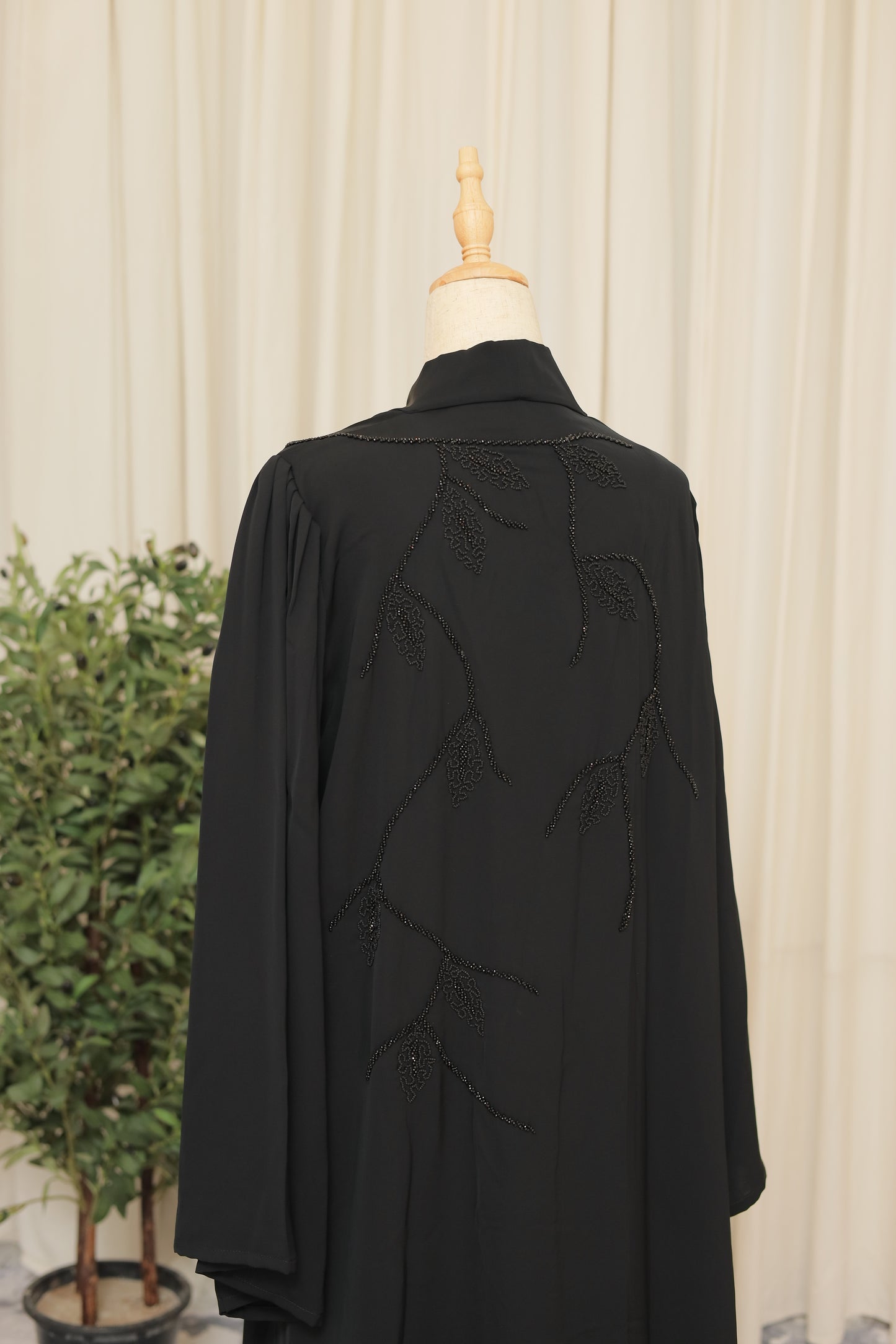 Luxury Black Open Abaya with Hand-Beaded Leaf Motif Detailing