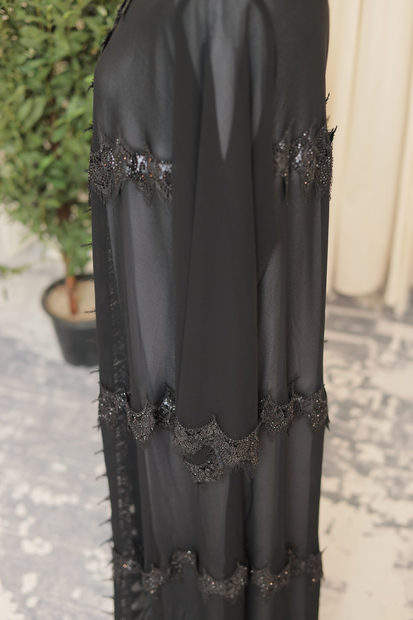 Luxury Black Sheer Abaya with Ornate Lace Detailing
