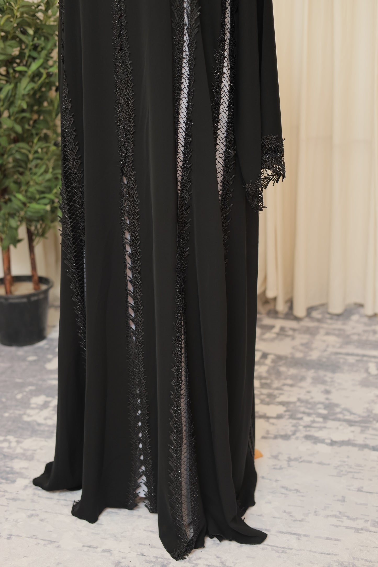 Luxury Black Abaya with Textured Vertical Detailing