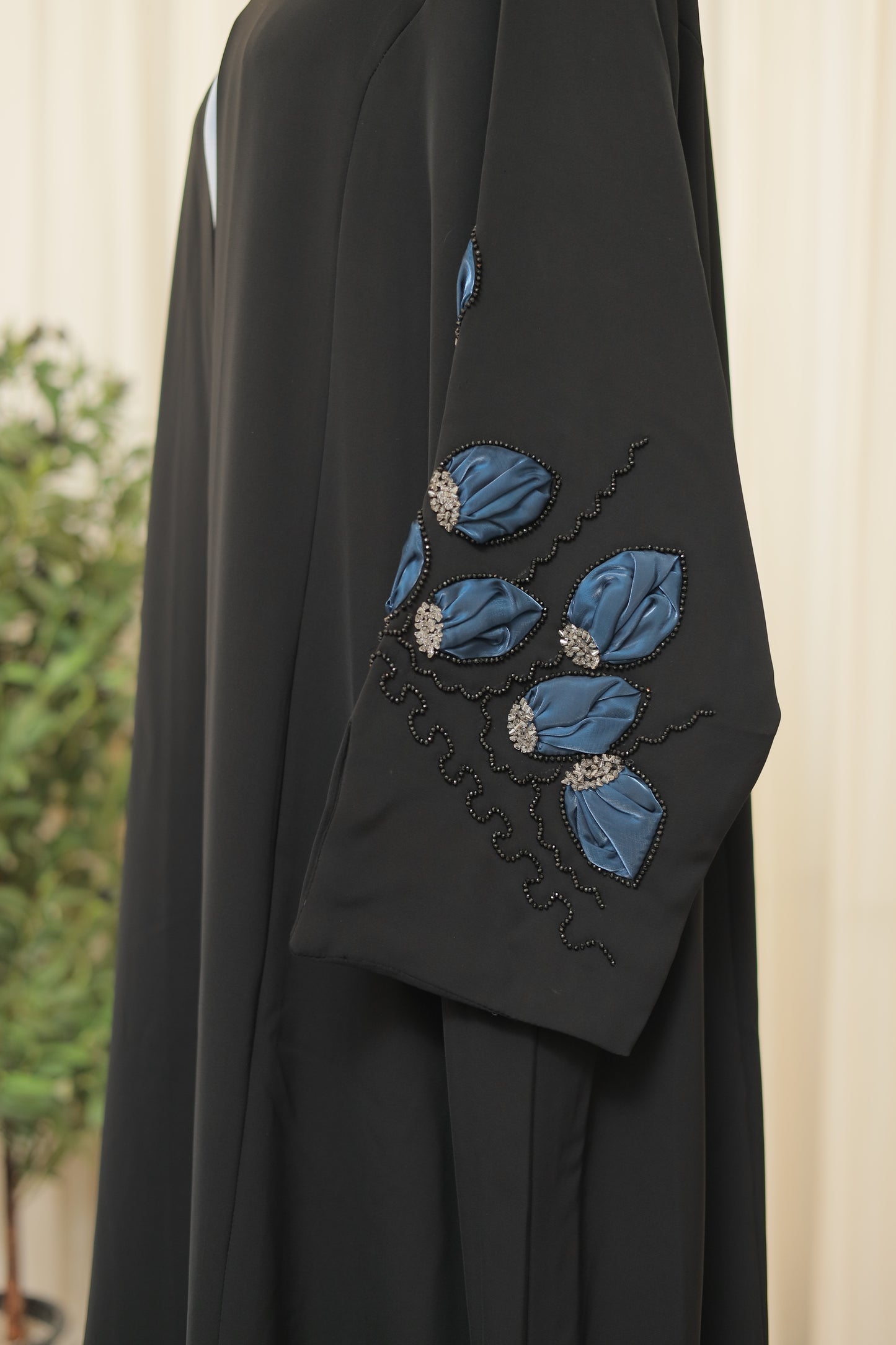 Luxury Black Open Abaya with Blue Floral Embroidered Sleeves