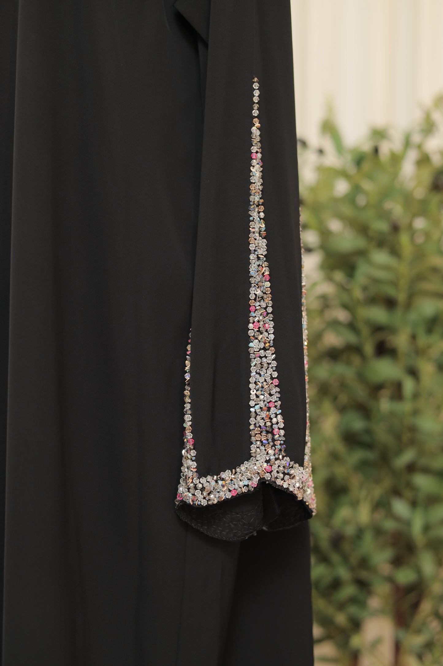 Classic Black Open Abaya with Crystal Cuff Detail