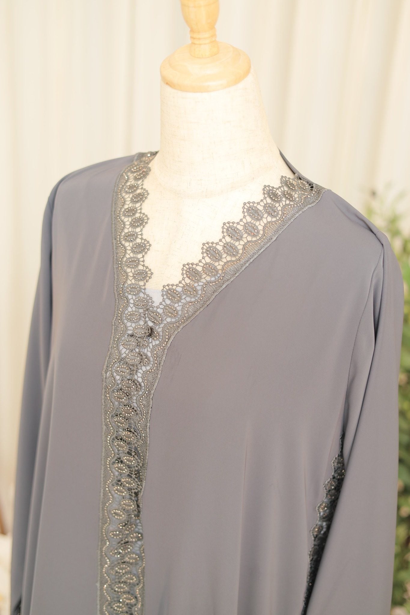 Luxury Grey Open Abaya with Intricate Lace Panel Detailing