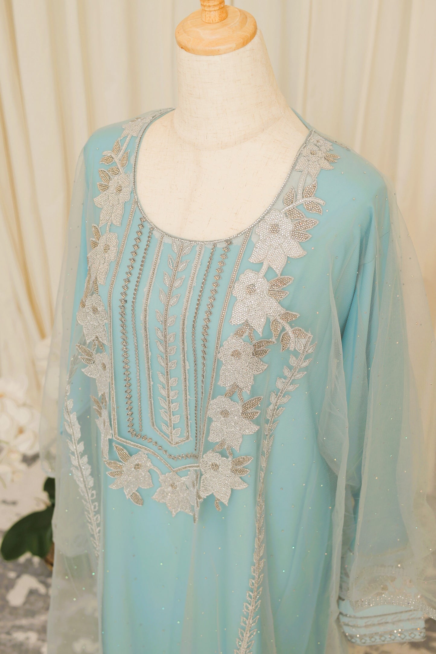 Azure Bloom Light Blue Embroidered Kaftan Dress with Net Sleeves