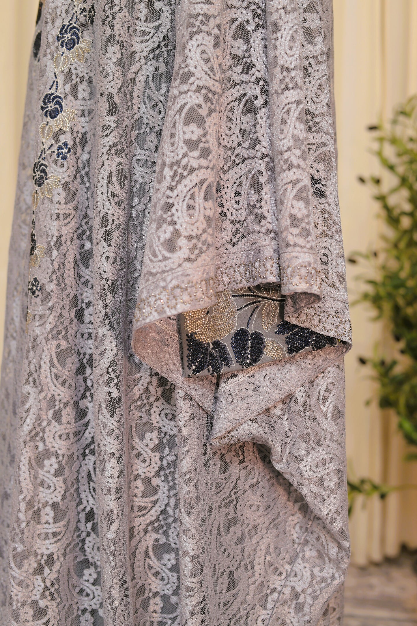 Mukhwar – Grey Lace Embroidered Modest Maxi Dress