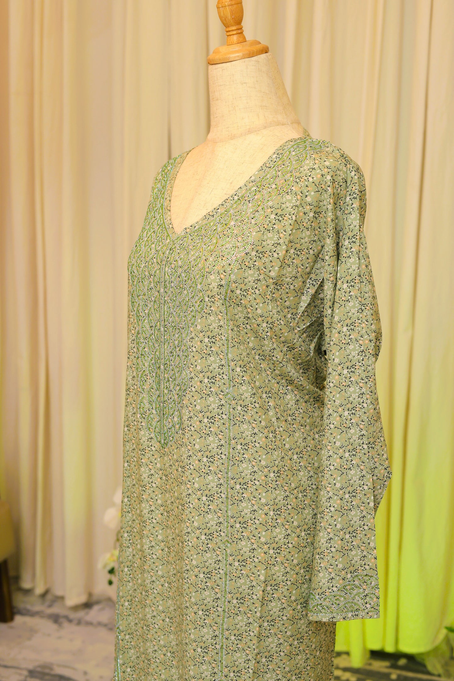 Mukhwar – Sage Green Embellished Printed Kaftan Dress