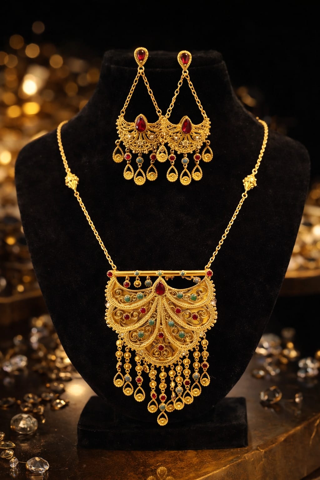 Royal Antique Gold Necklace Set with Chandelier Earrings