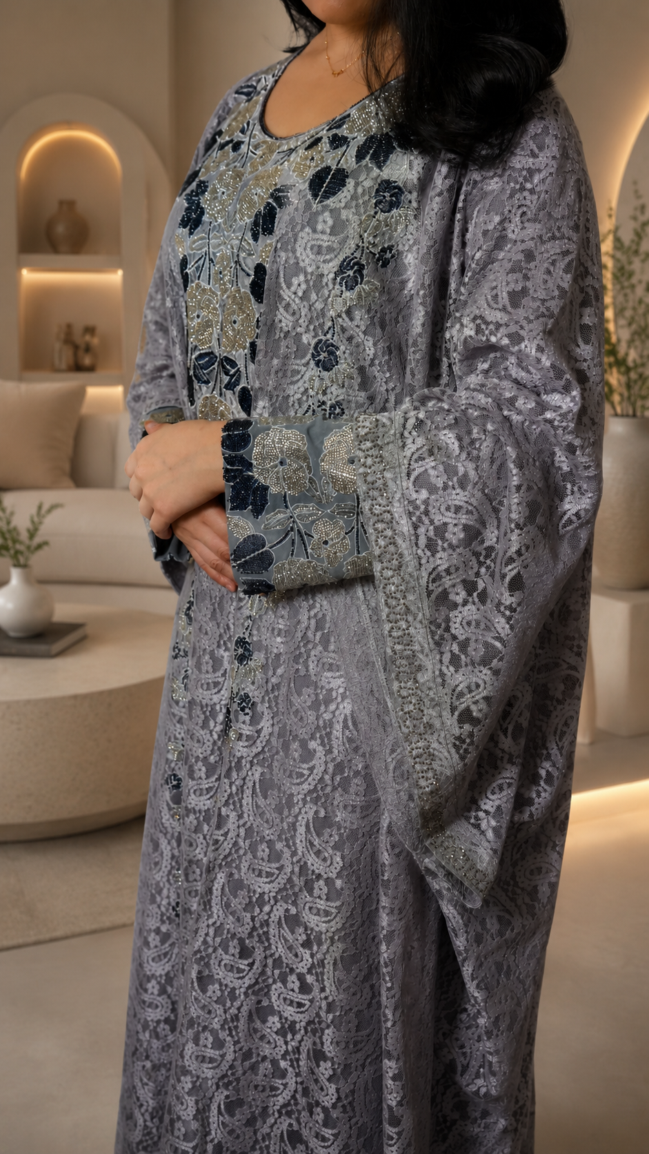 Mukhwar – Grey Lace Embroidered Modest Maxi Dress