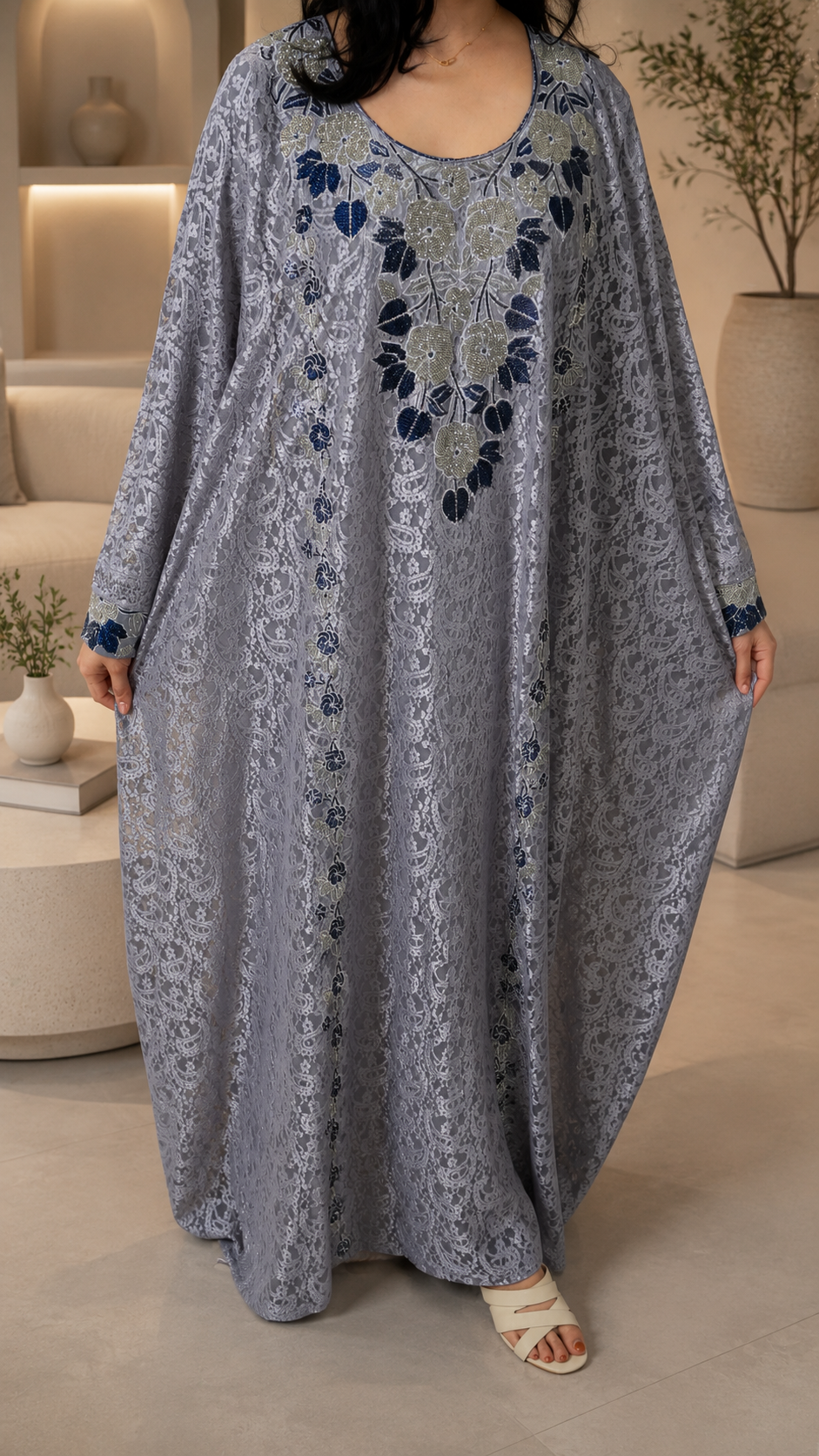 Mukhwar – Grey Lace Embroidered Modest Maxi Dress