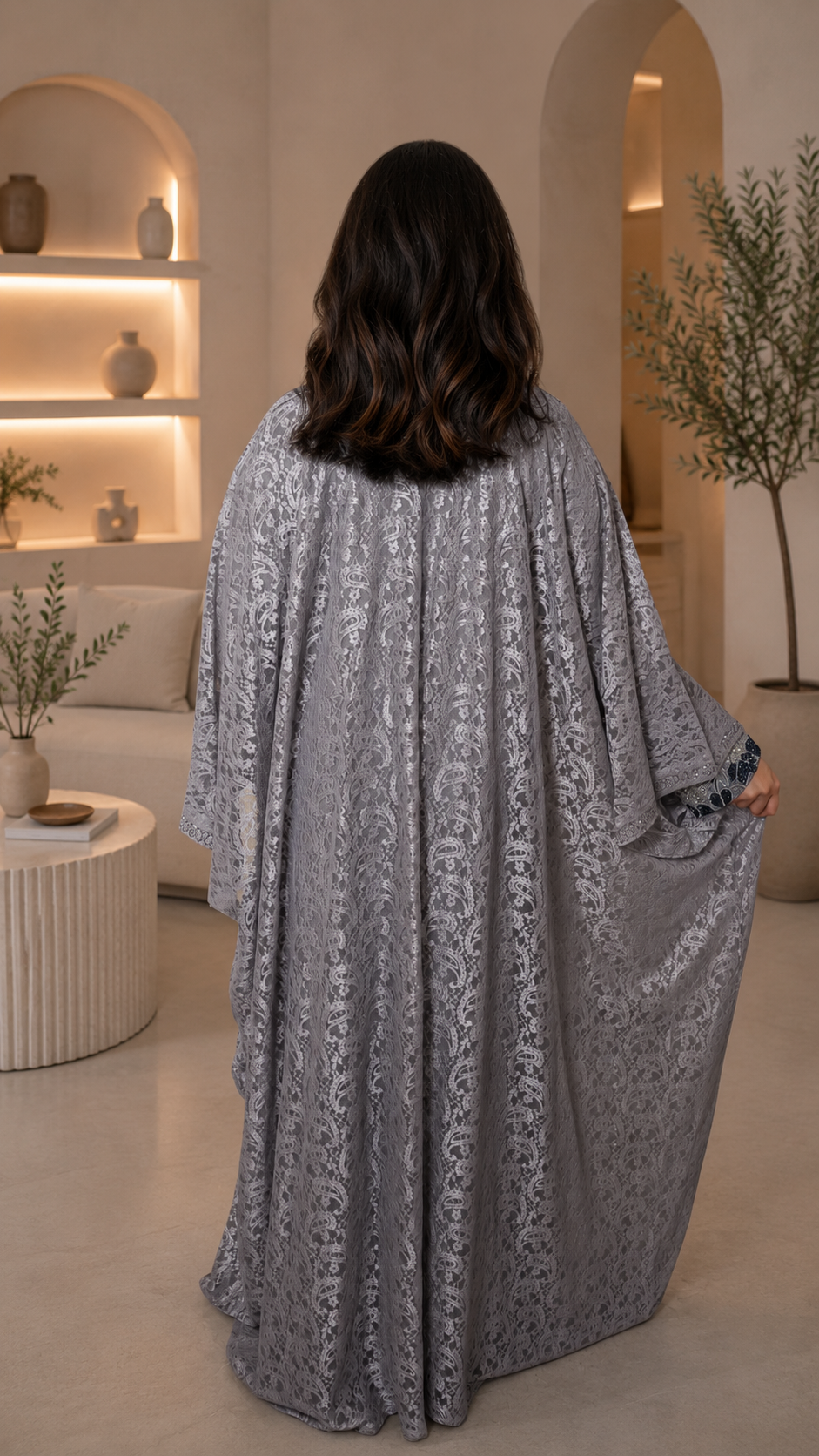 Mukhwar – Grey Lace Embroidered Modest Maxi Dress