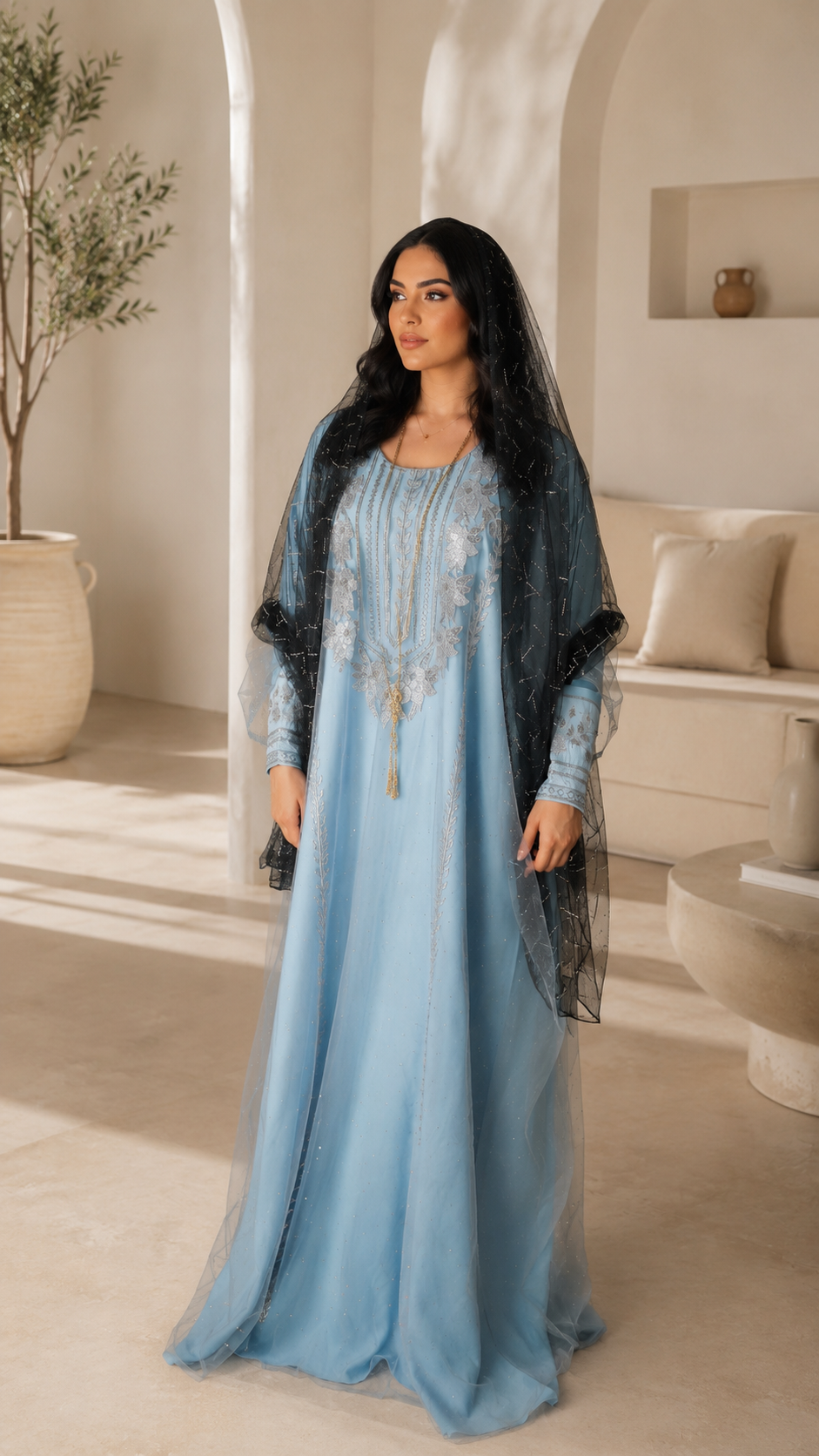 Azure Bloom Light Blue Embroidered Kaftan Dress with Net Sleeves