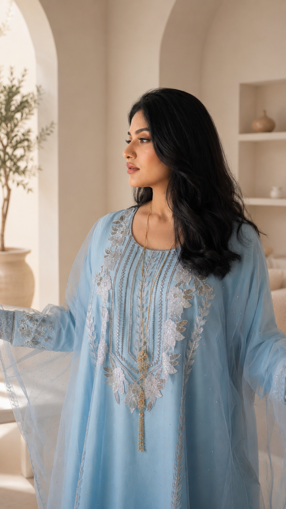 Azure Bloom Light Blue Embroidered Kaftan Dress with Net Sleeves
