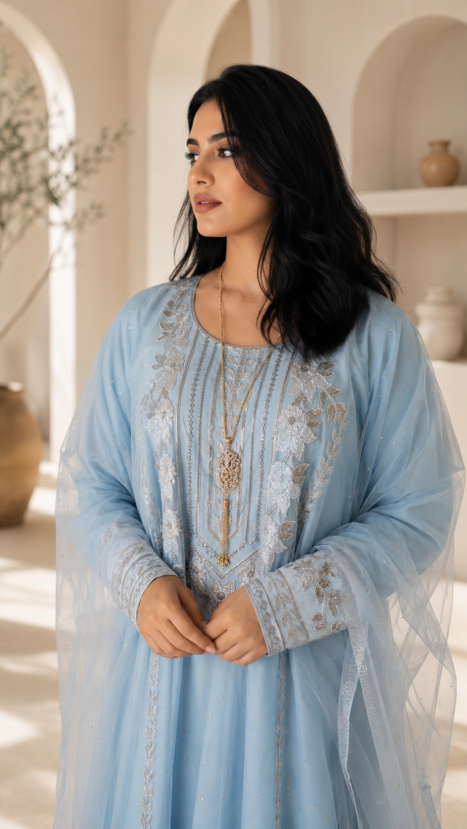 Azure Bloom Light Blue Embroidered Kaftan Dress with Net Sleeves