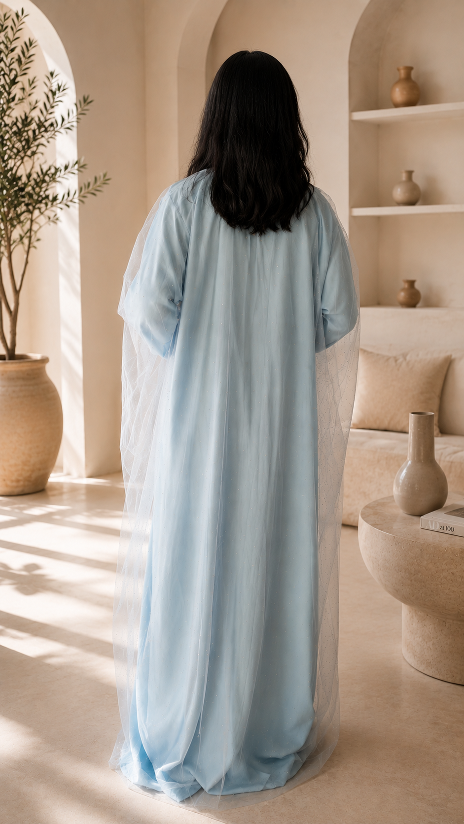 Azure Bloom Light Blue Embroidered Kaftan Dress with Net Sleeves