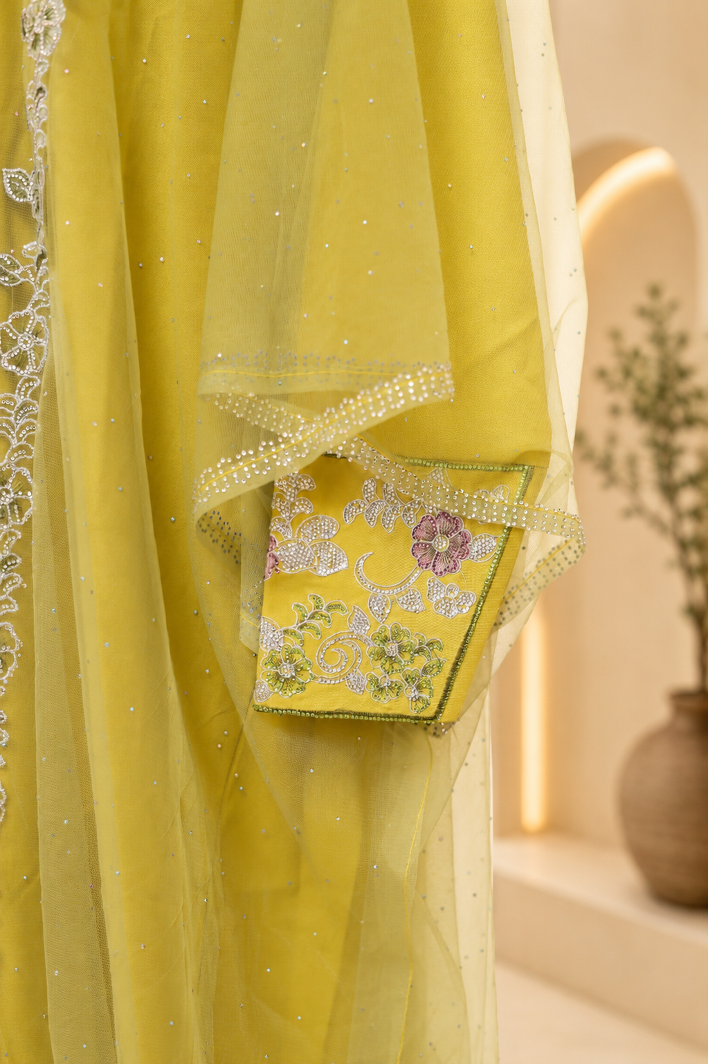 Mukhwar – Embroidered Lime Green Kaftan Dress
