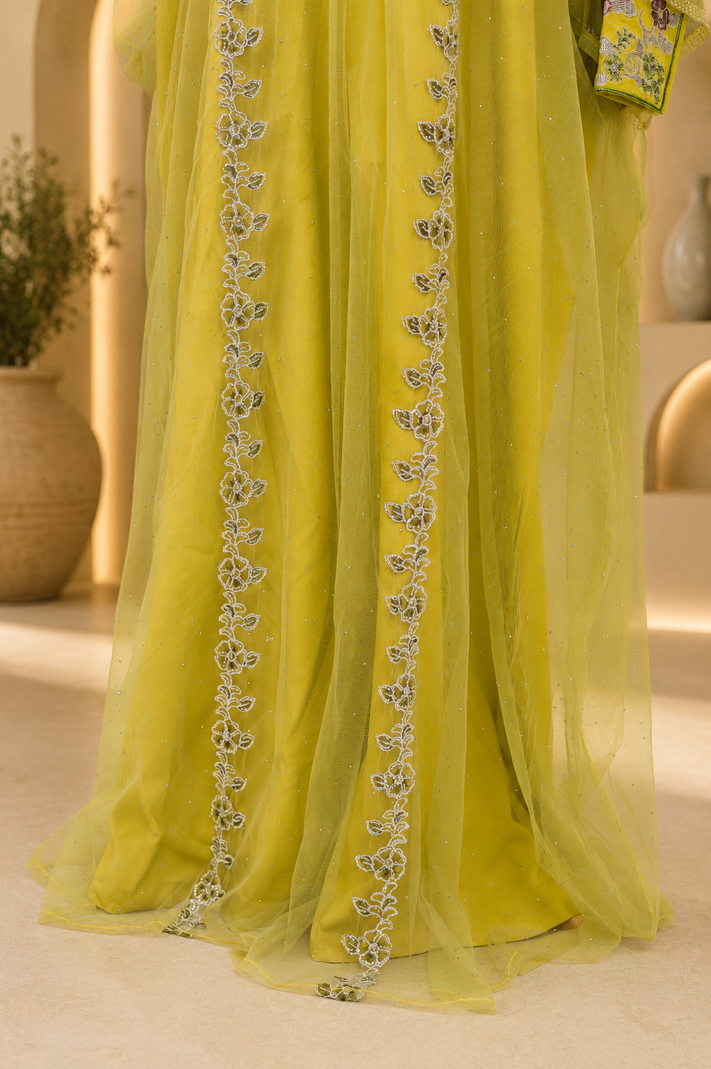 Mukhwar – Embroidered Lime Green Kaftan Dress