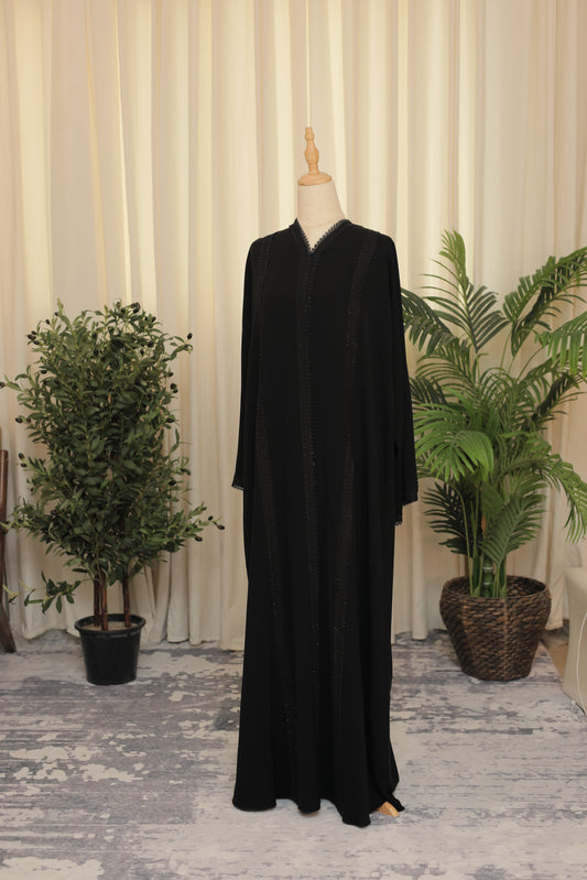 Elegant Black Abaya with Delicate Lace V-Neck Detailing