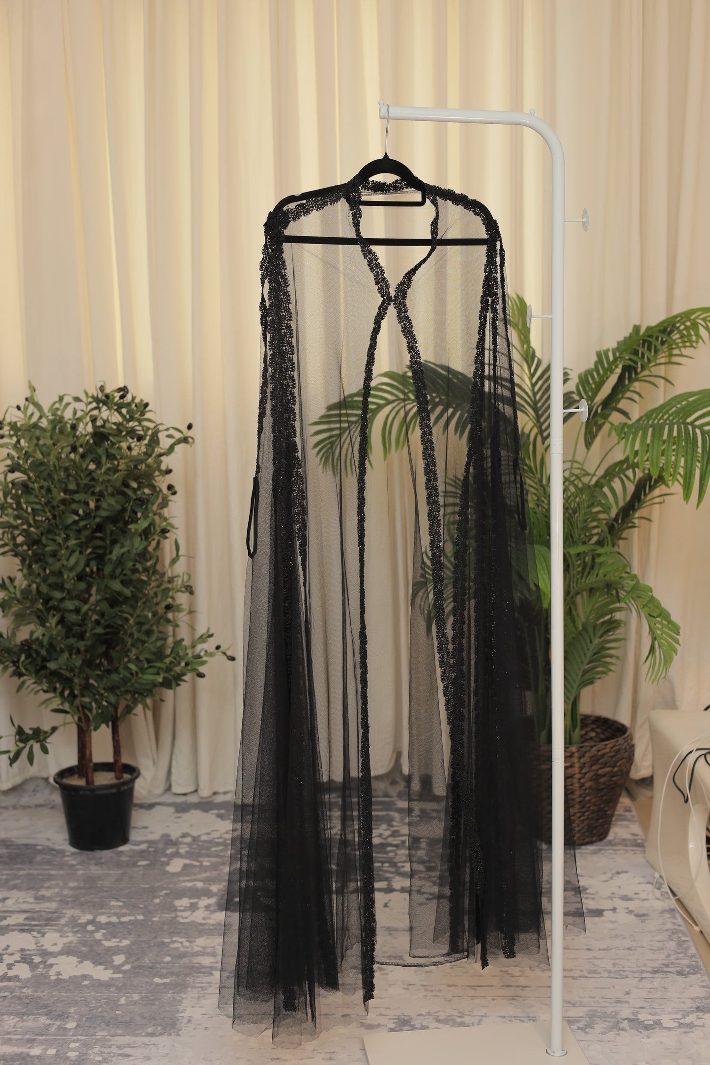 Sheer Black Lace Open Abaya with Beaded Trim – Elegant Layered Overlay