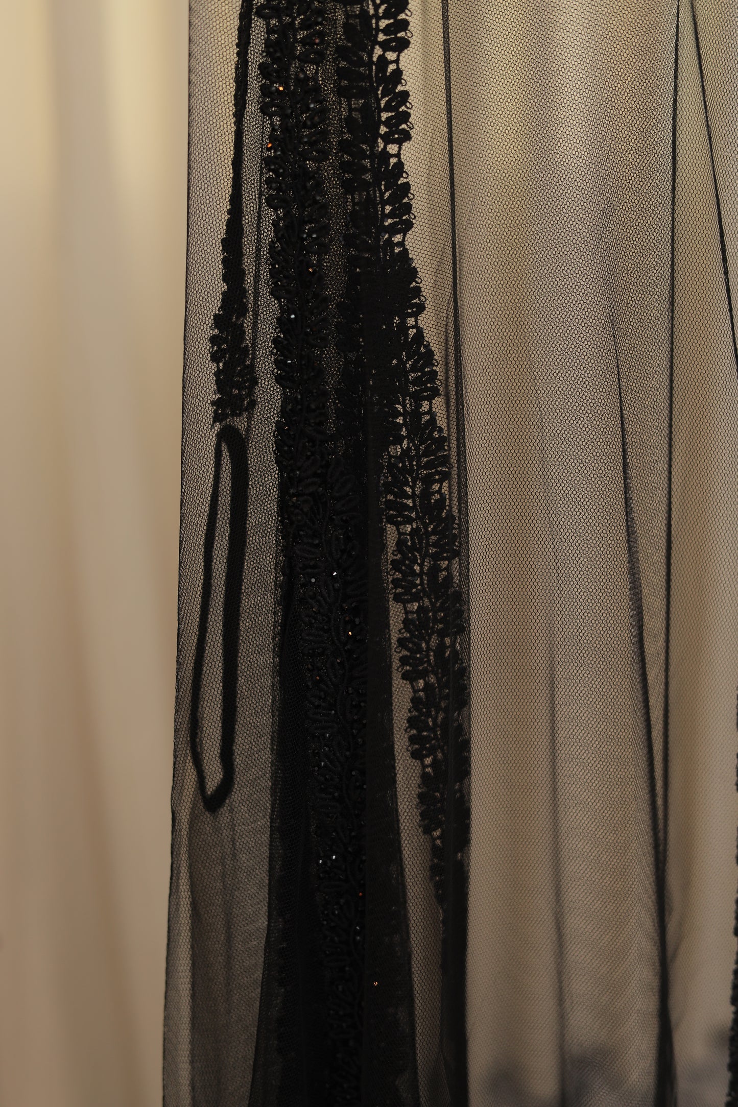 Sheer Black Lace Open Abaya with Beaded Trim – Elegant Layered Overlay