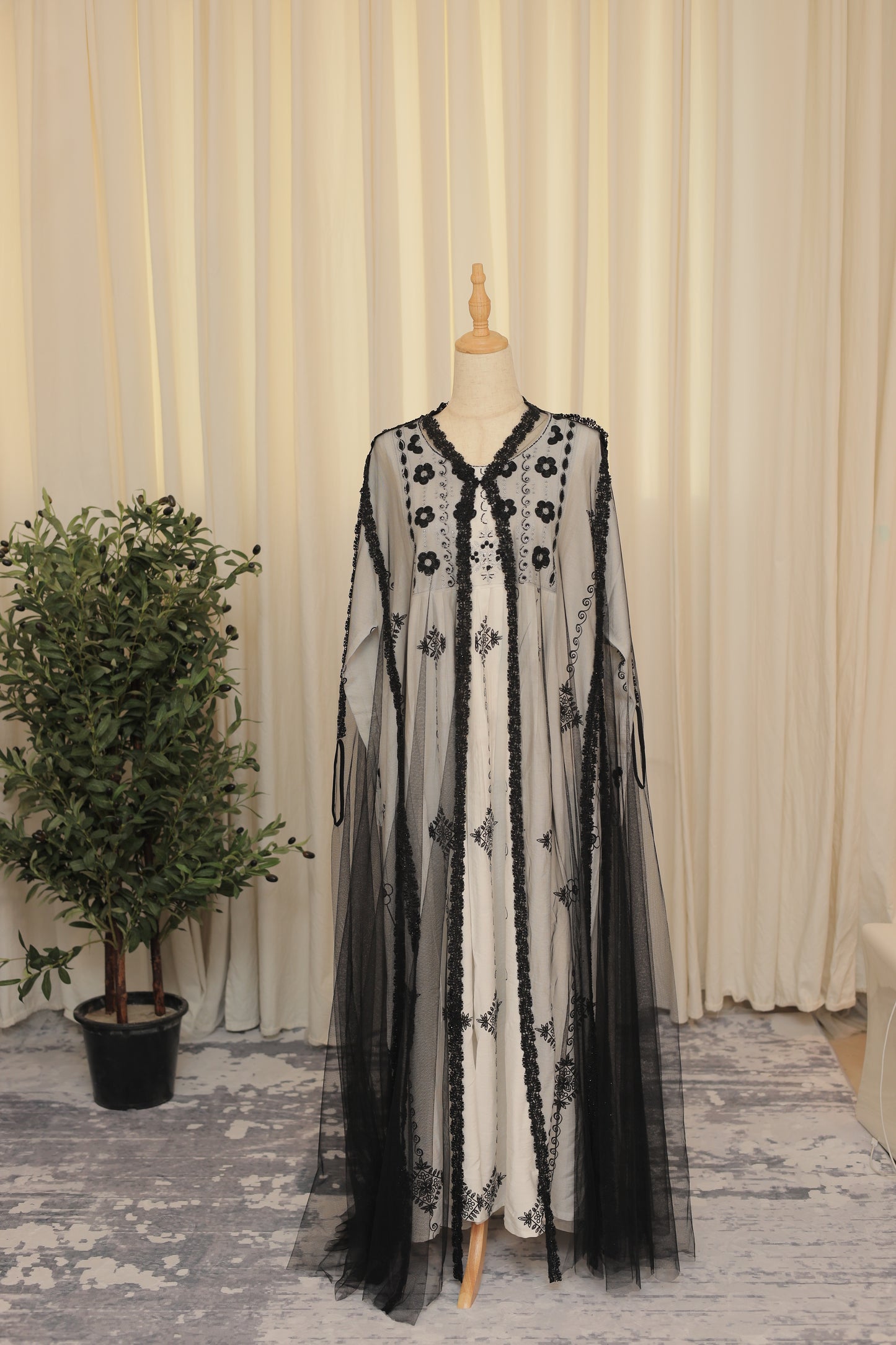 Sheer Black Lace Open Abaya with Beaded Trim – Elegant Layered Overlay