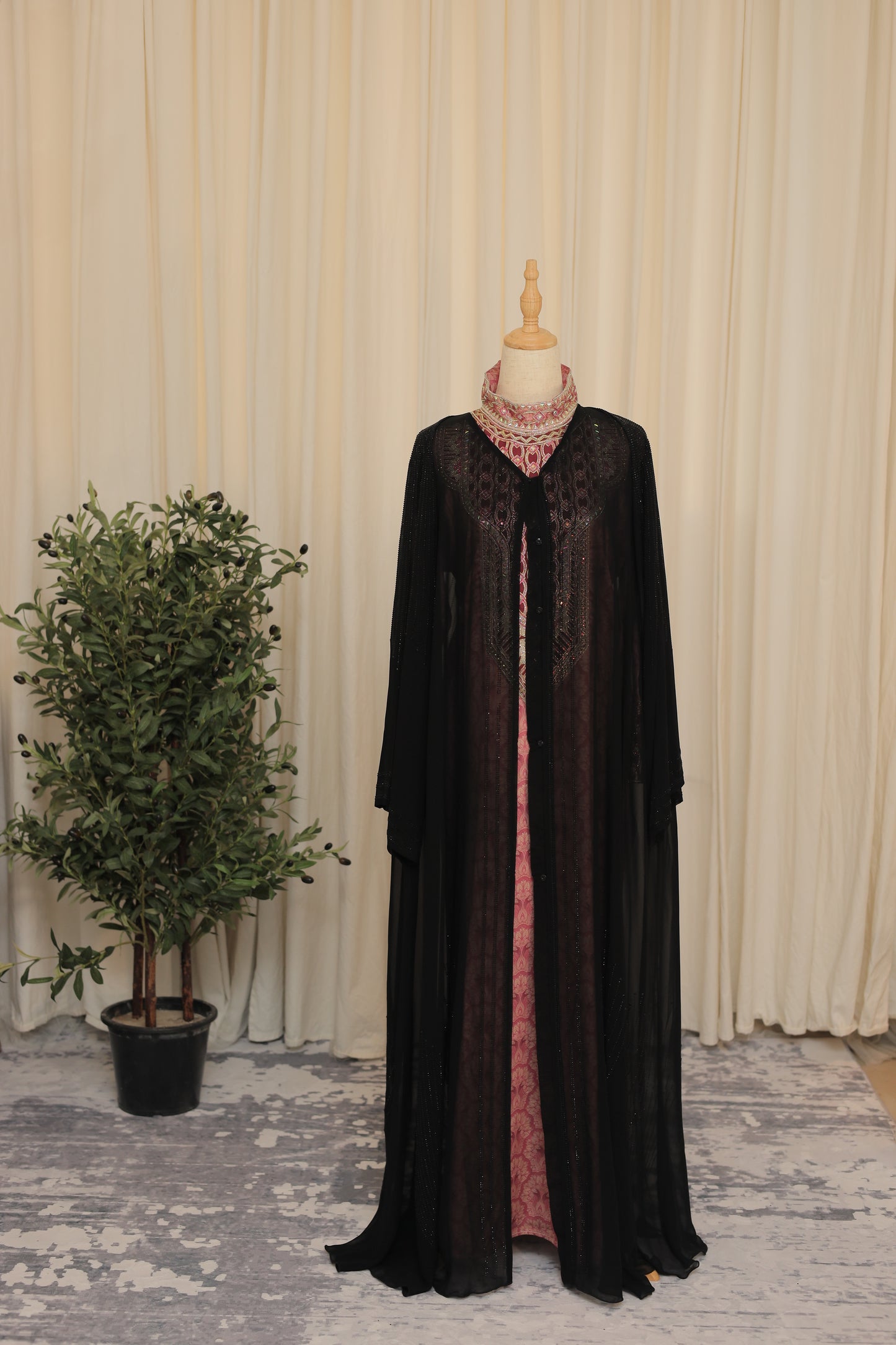 Elegant Black Open Abaya with Embroidered Neckline & Inner Contrast Panel