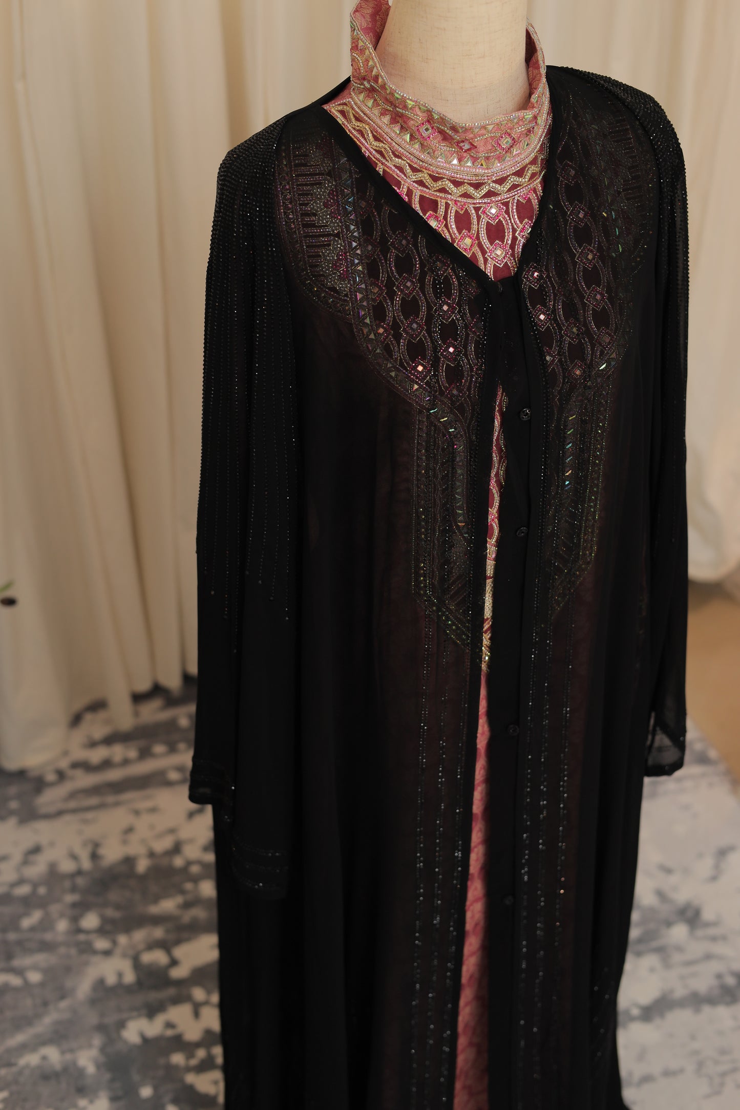 Elegant Black Open Abaya with Embroidered Neckline & Inner Contrast Panel