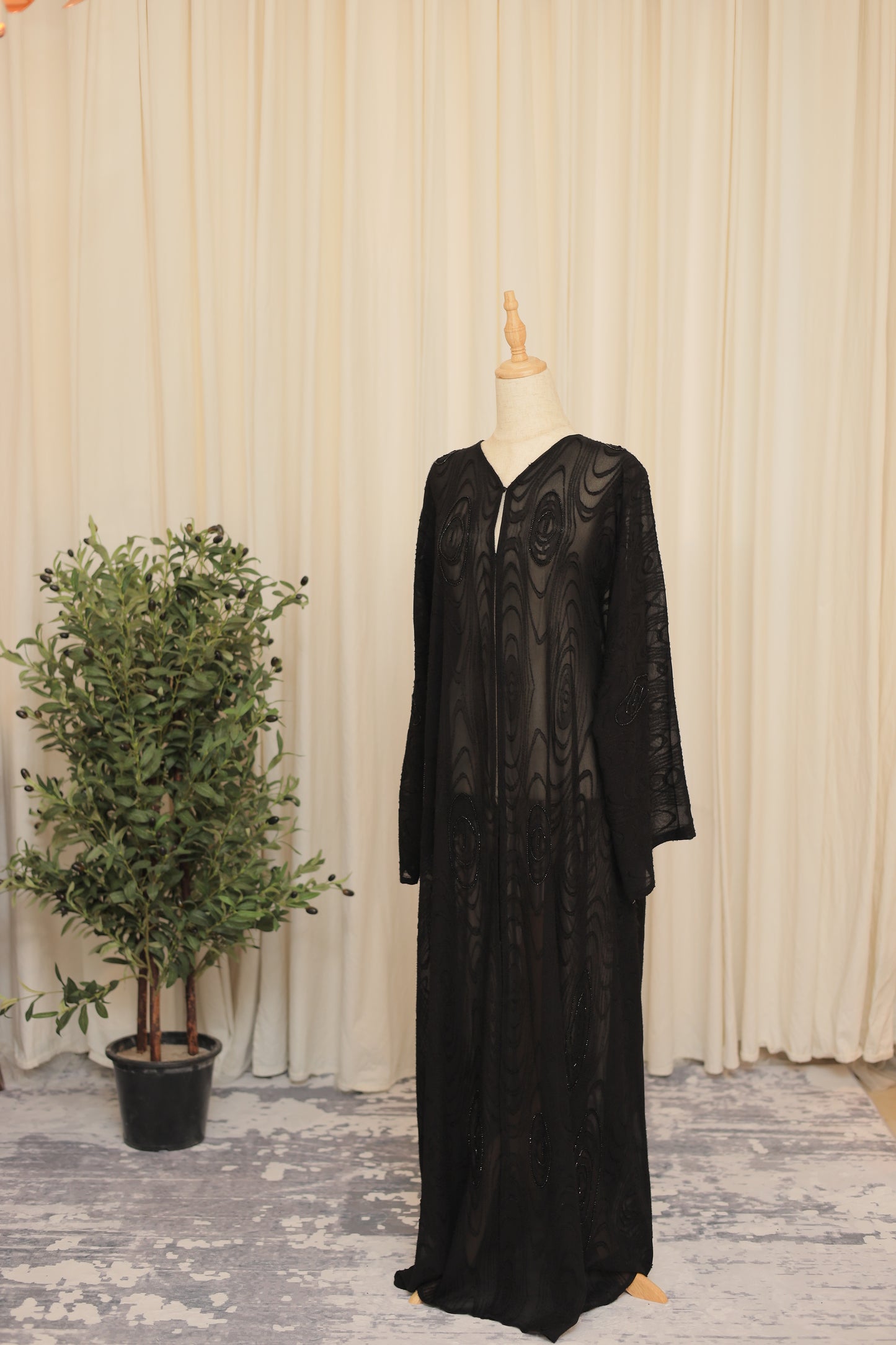 Elegant Black Abaya with Floral Lace Panels & Bell Sleeves
