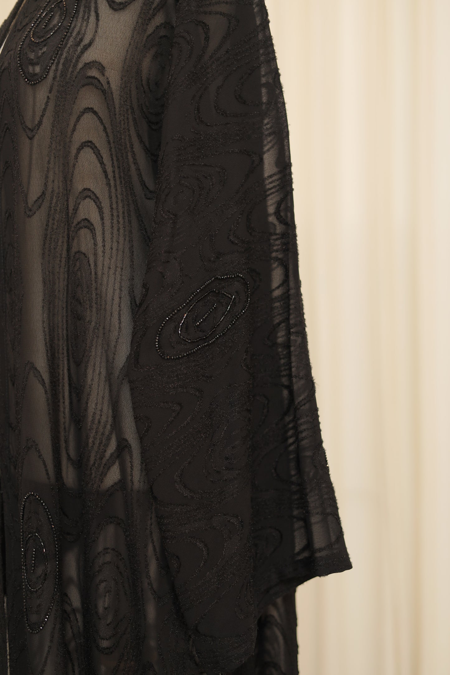 Elegant Black Abaya with Floral Lace Panels & Bell Sleeves