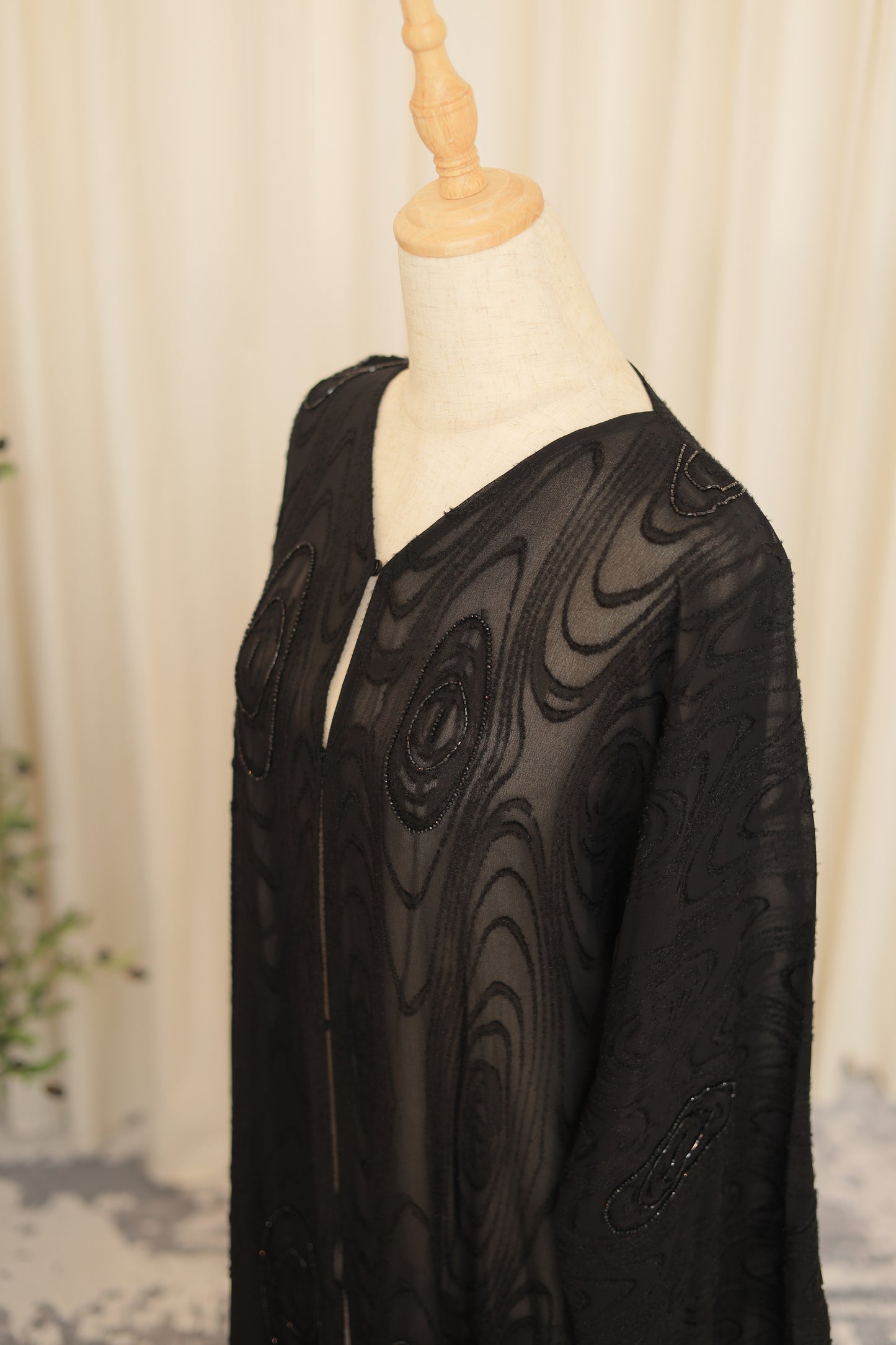 Elegant Black Abaya with Floral Lace Panels & Bell Sleeves