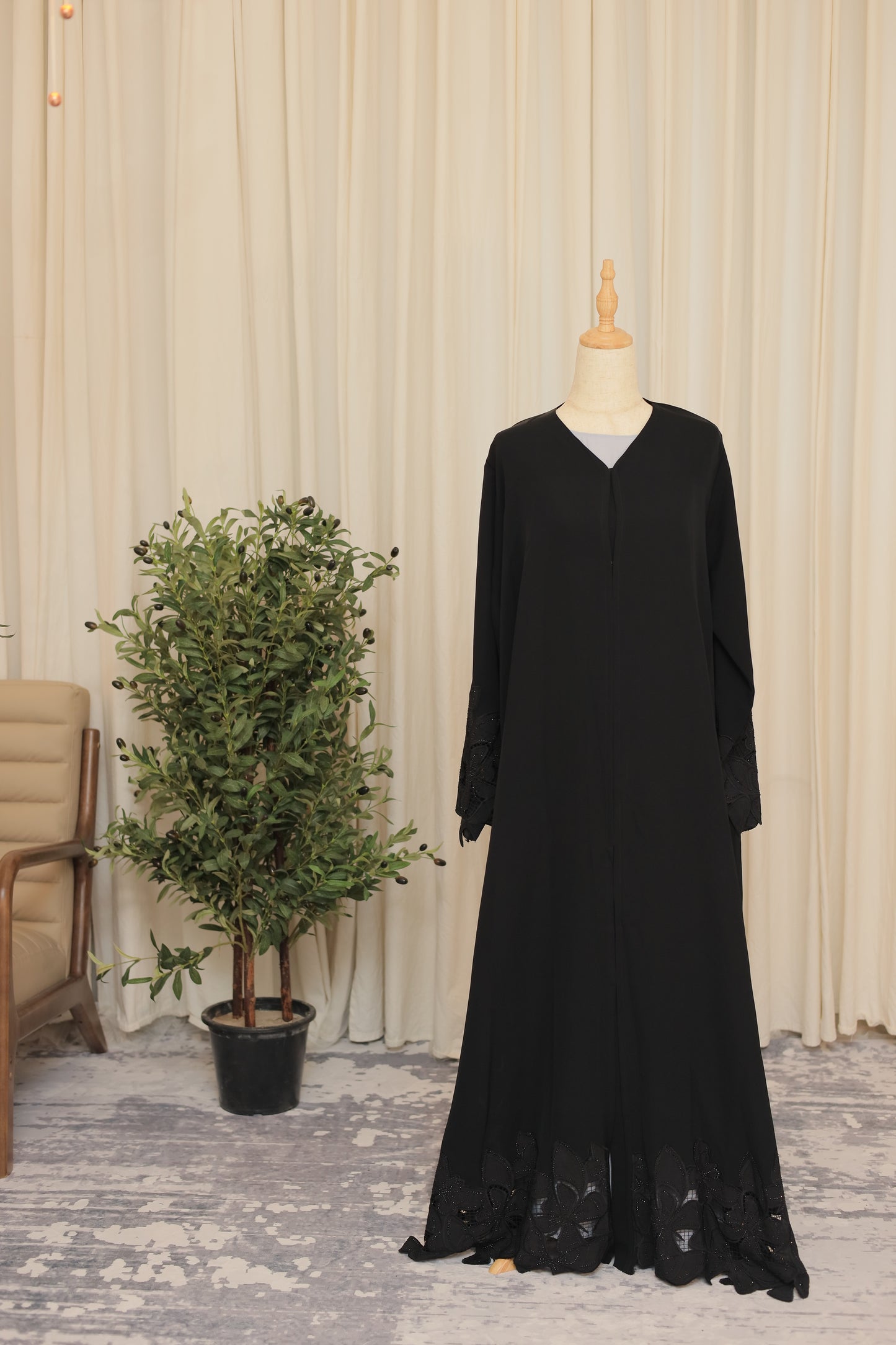Elegant Black Abaya with Floral Appliqué & Hand-Beaded Details