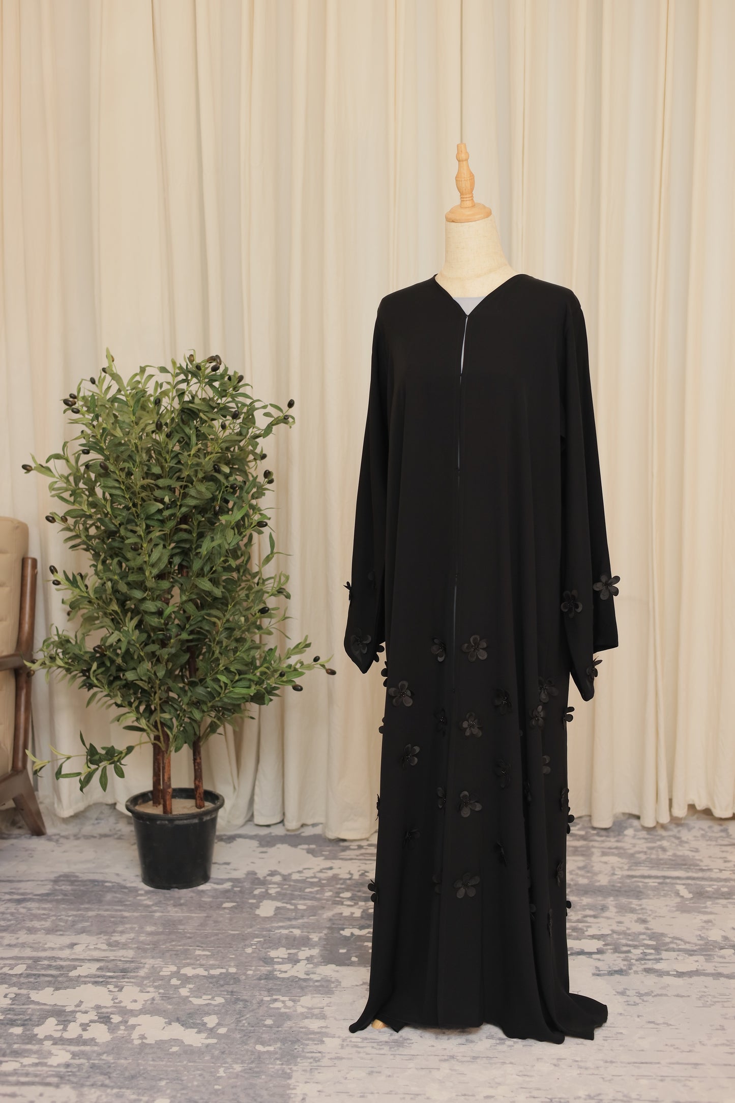 Elegant Black Abaya with Floral Lace & 3D Appliqué Detailing
