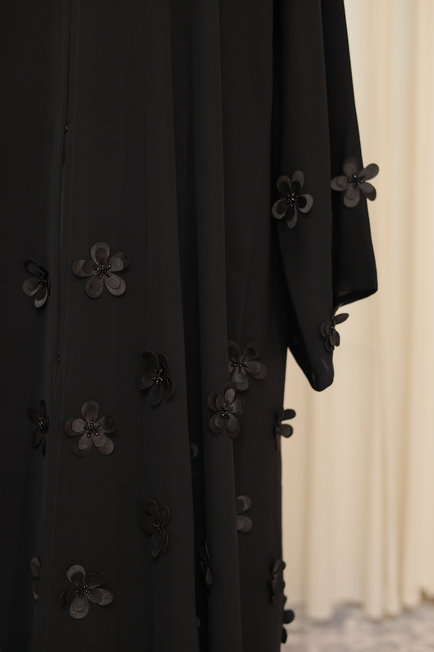 Elegant Black Abaya with Floral Lace & 3D Appliqué Detailing