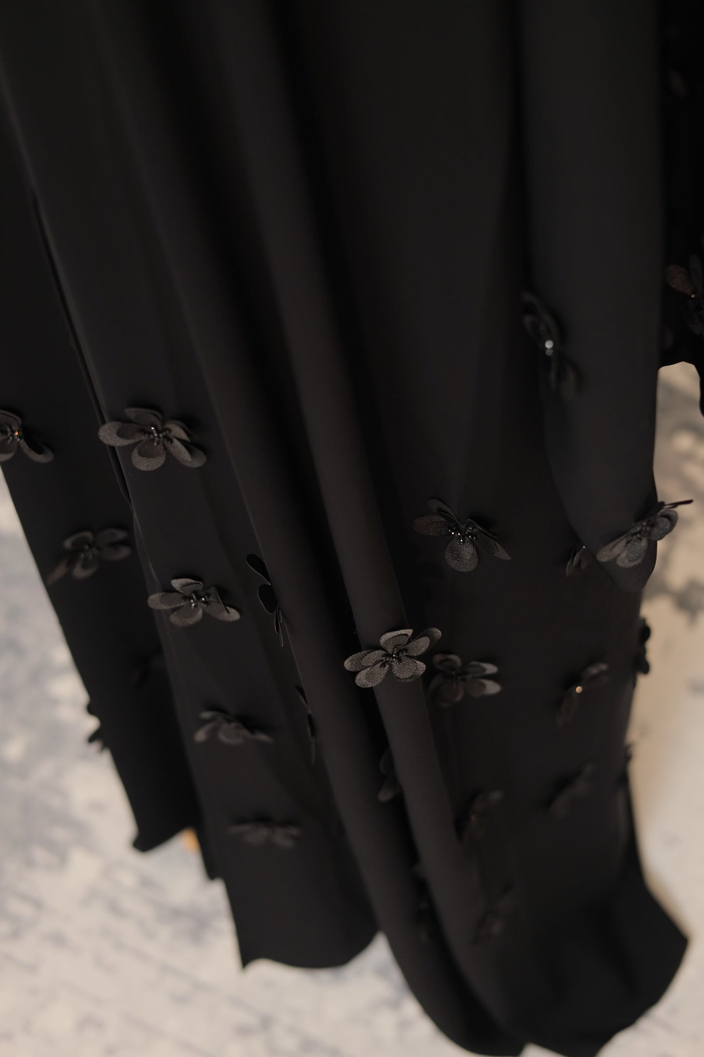 Elegant Black Abaya with Floral Lace & 3D Appliqué Detailing