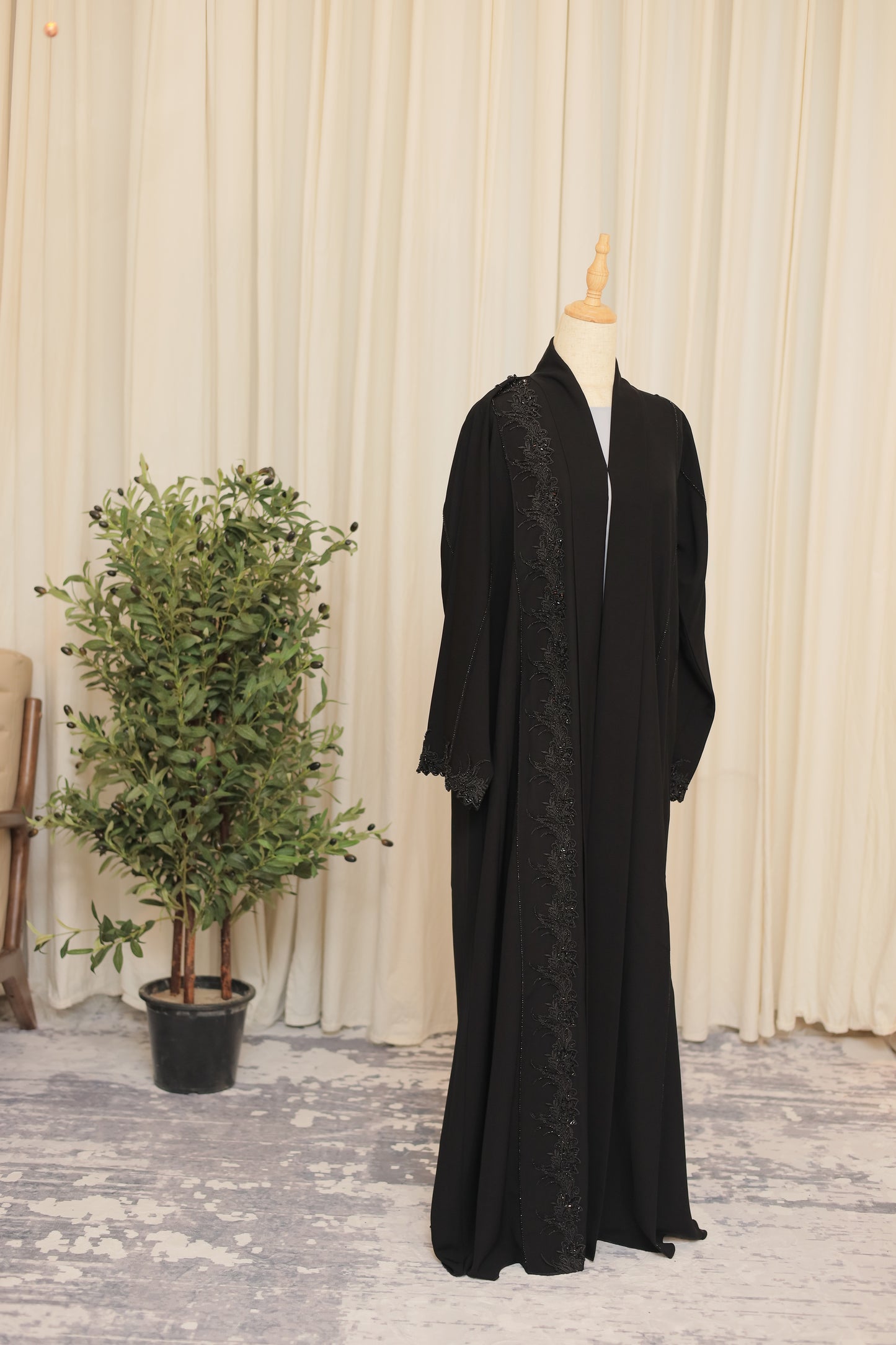 Elegant Black Lace Embellished Open Abaya for Women