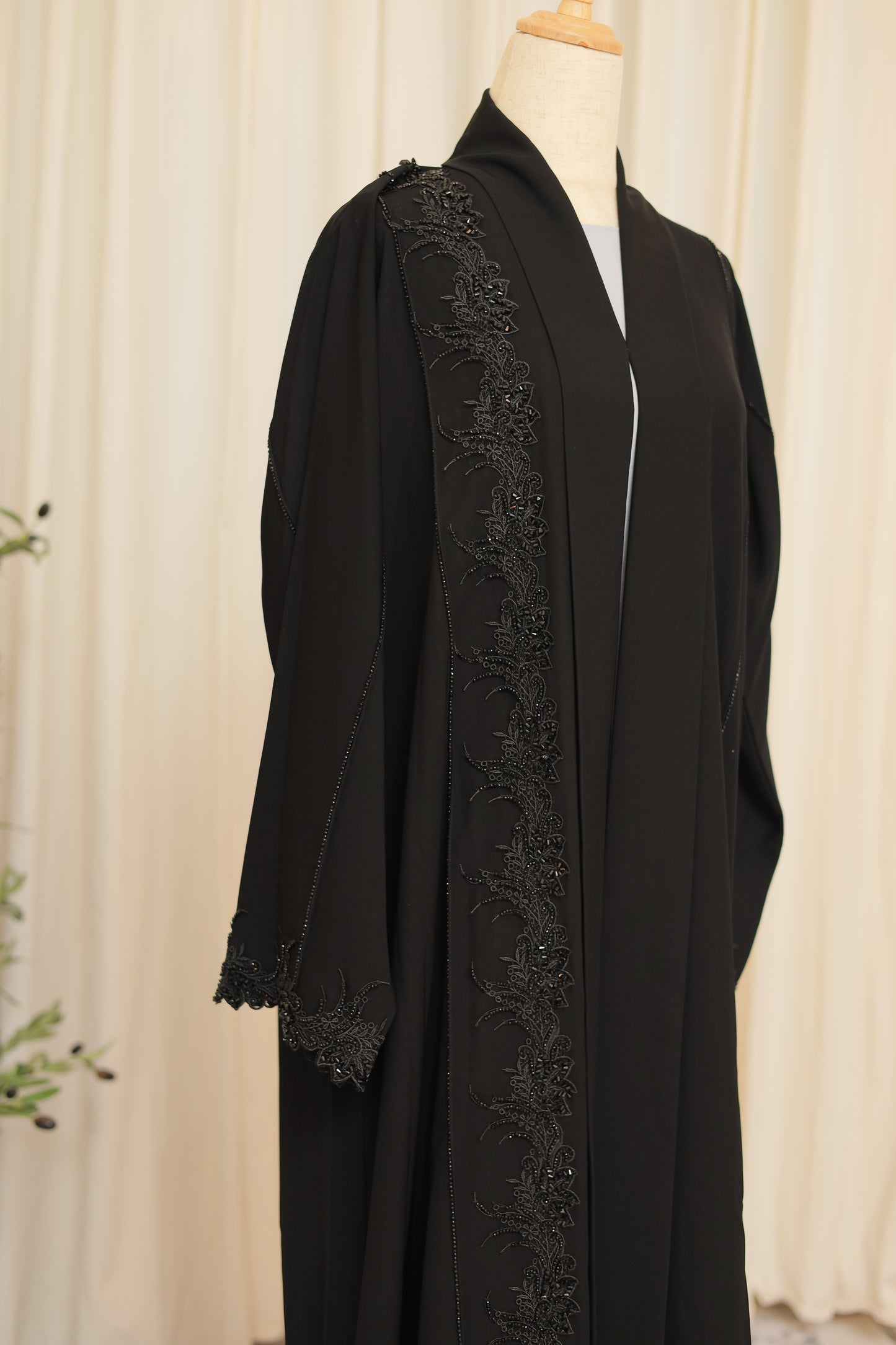 Elegant Black Lace Embellished Open Abaya for Women