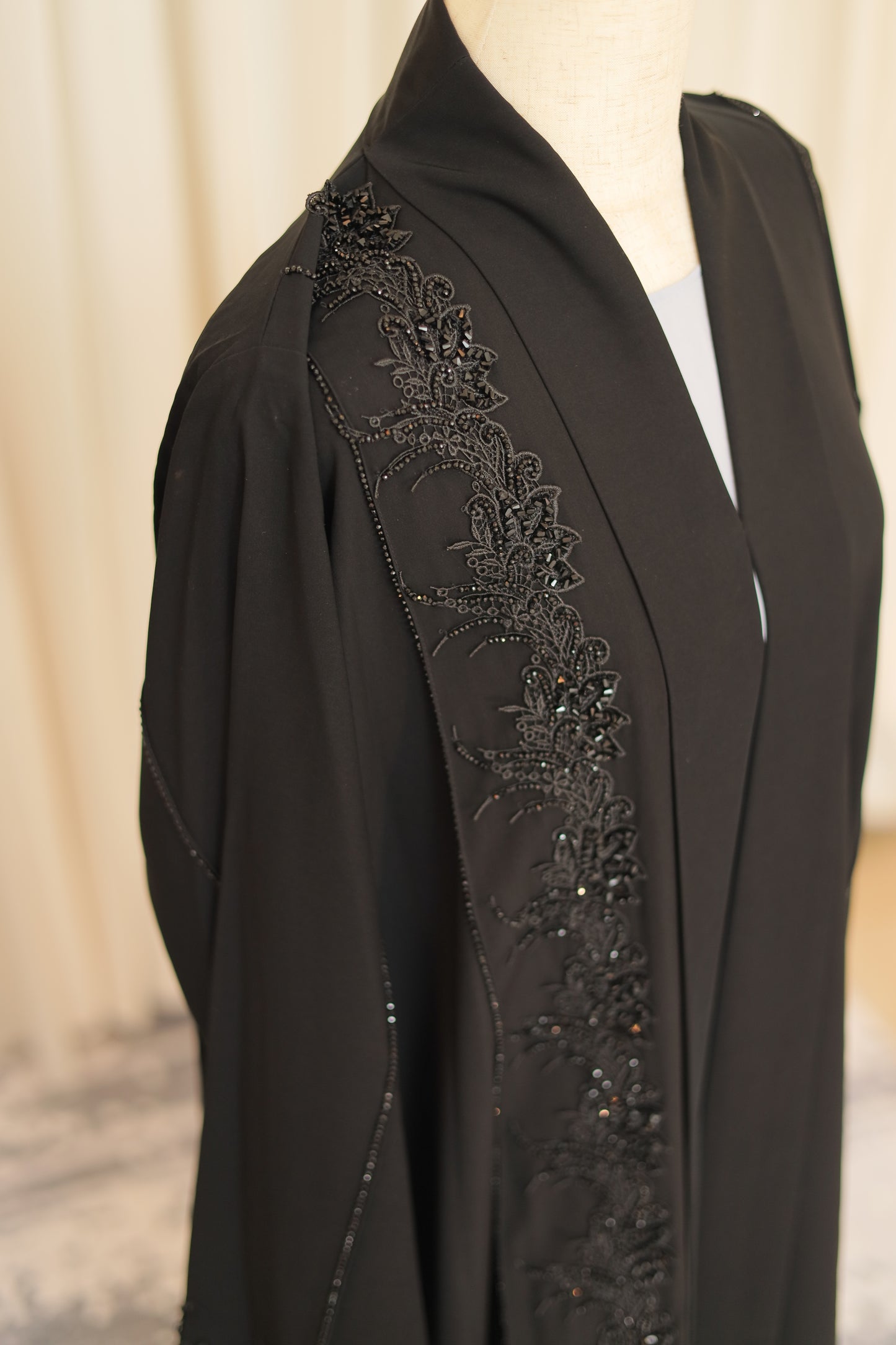 Elegant Black Lace Embellished Open Abaya for Women