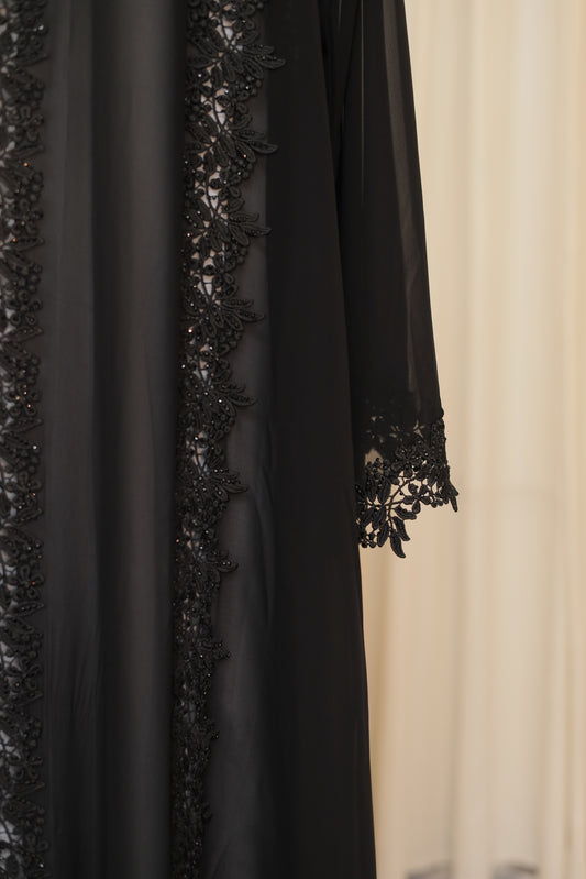 Black Elegant Open Abaya with Lace & Bead Detailing