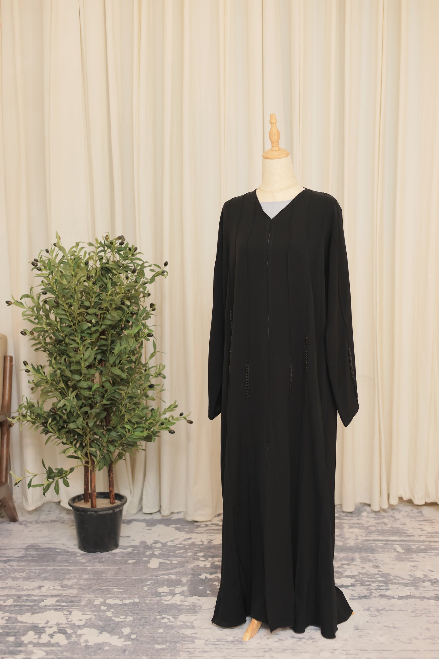 Elegant Black Beaded Abaya with Lace Panel Detailing