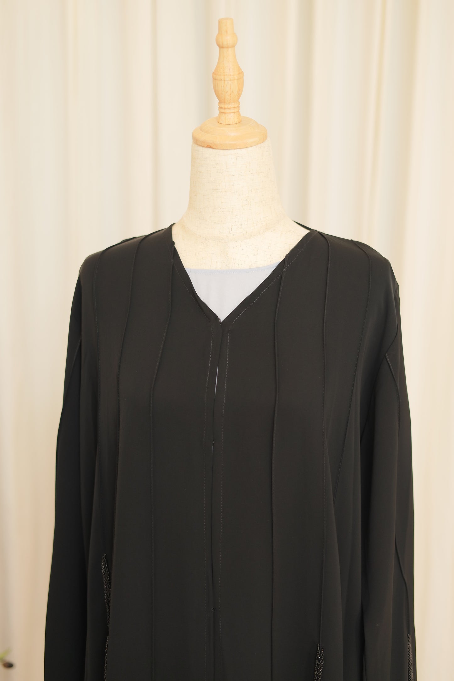 Elegant Black Beaded Abaya with Lace Panel Detailing
