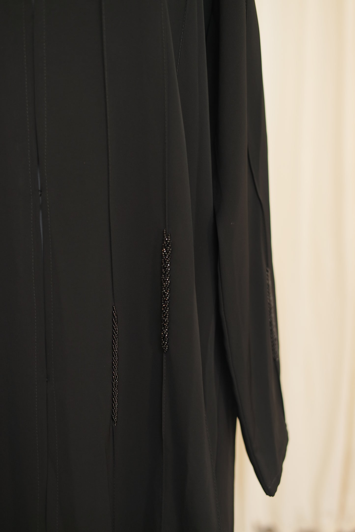 Elegant Black Beaded Abaya with Lace Panel Detailing