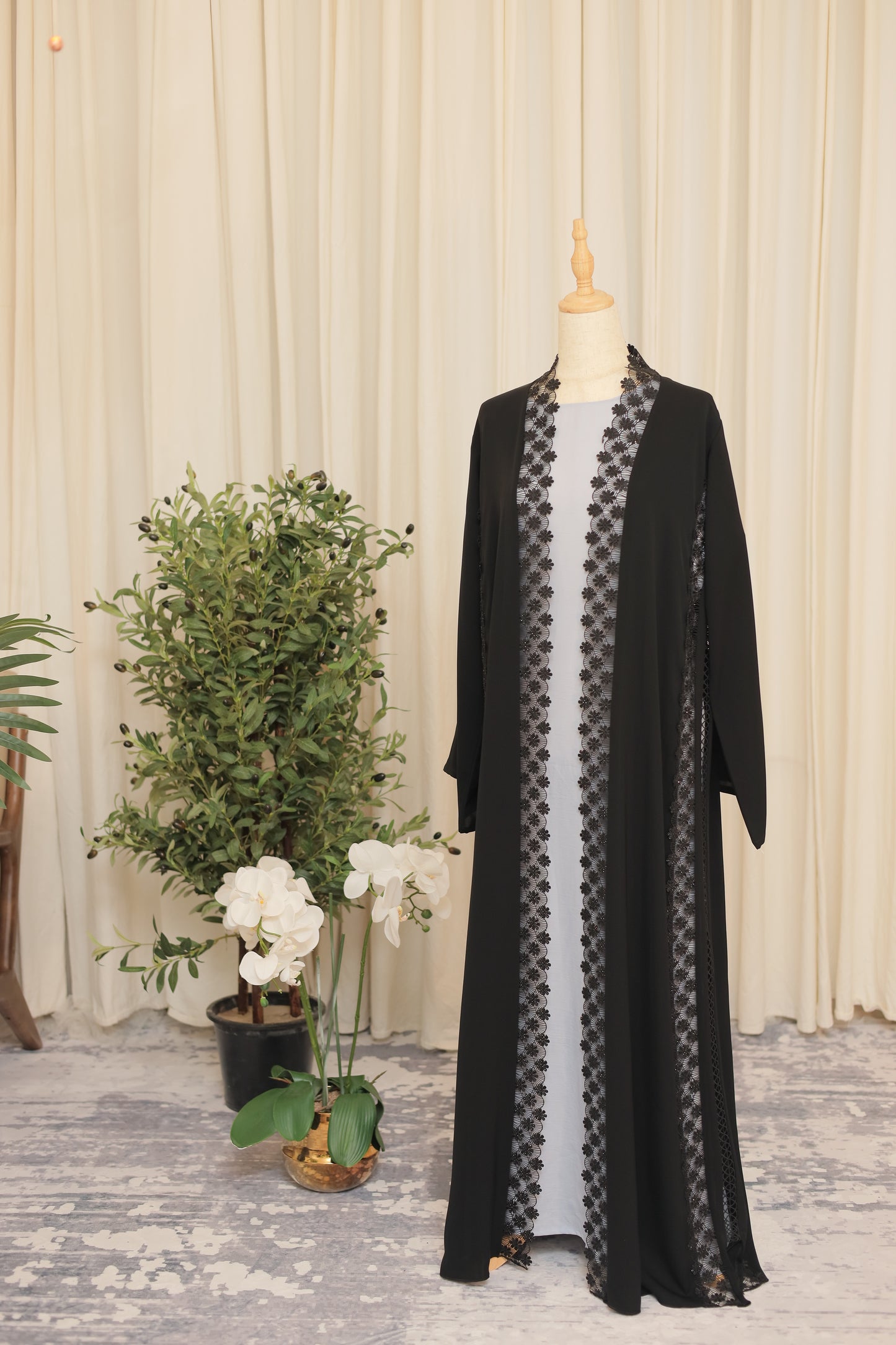 Elegant Black Open Abaya with Handcrafted Bead & Lace Detailing